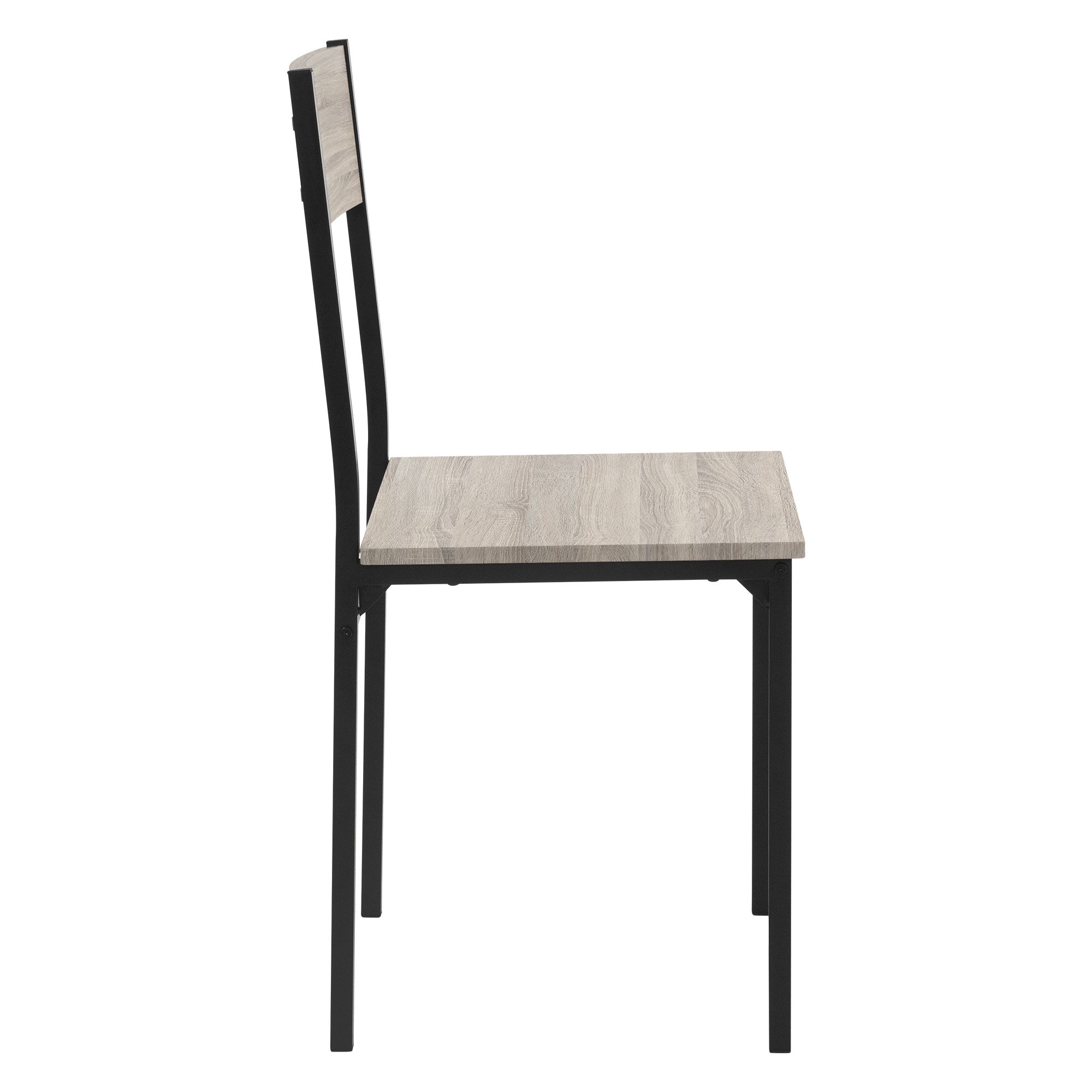 Vista lateral de una silla con tablero de madera y estructura negra.