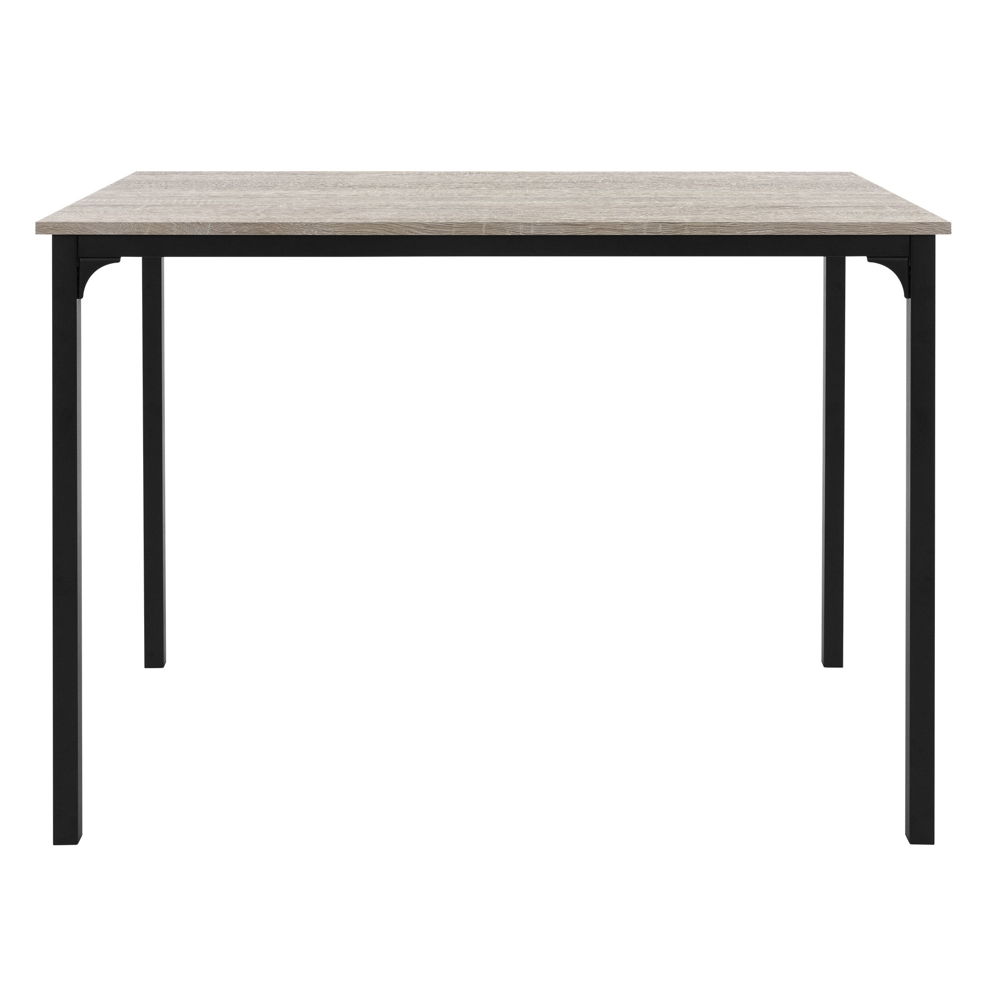 Una mesa rectangular de frente, con tablero de madera y estructura negra.