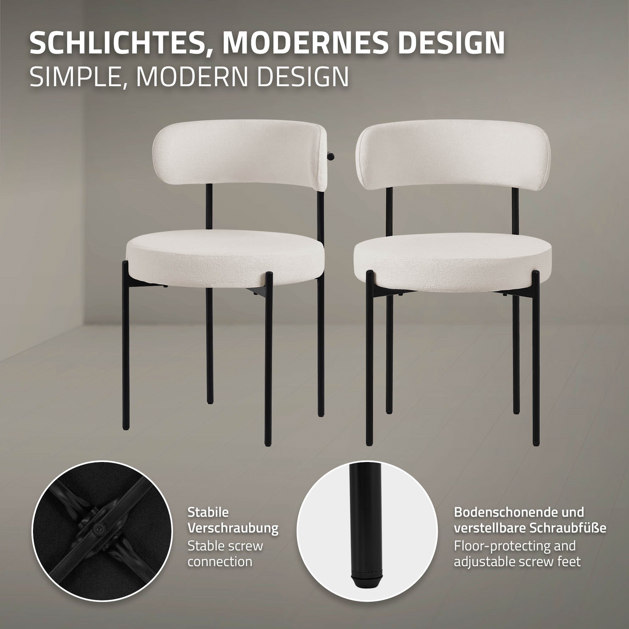 Due sedie beige con struttura nera davanti a uno sfondo grigio.