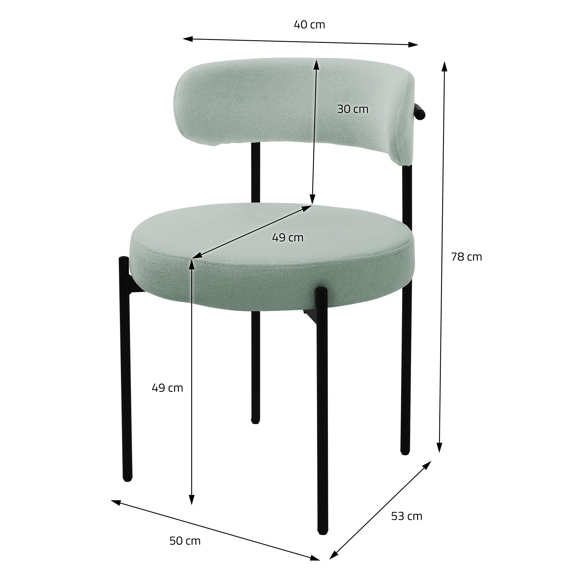 Disegno tecnico di una sedia grigia con dimensioni in centimetri.