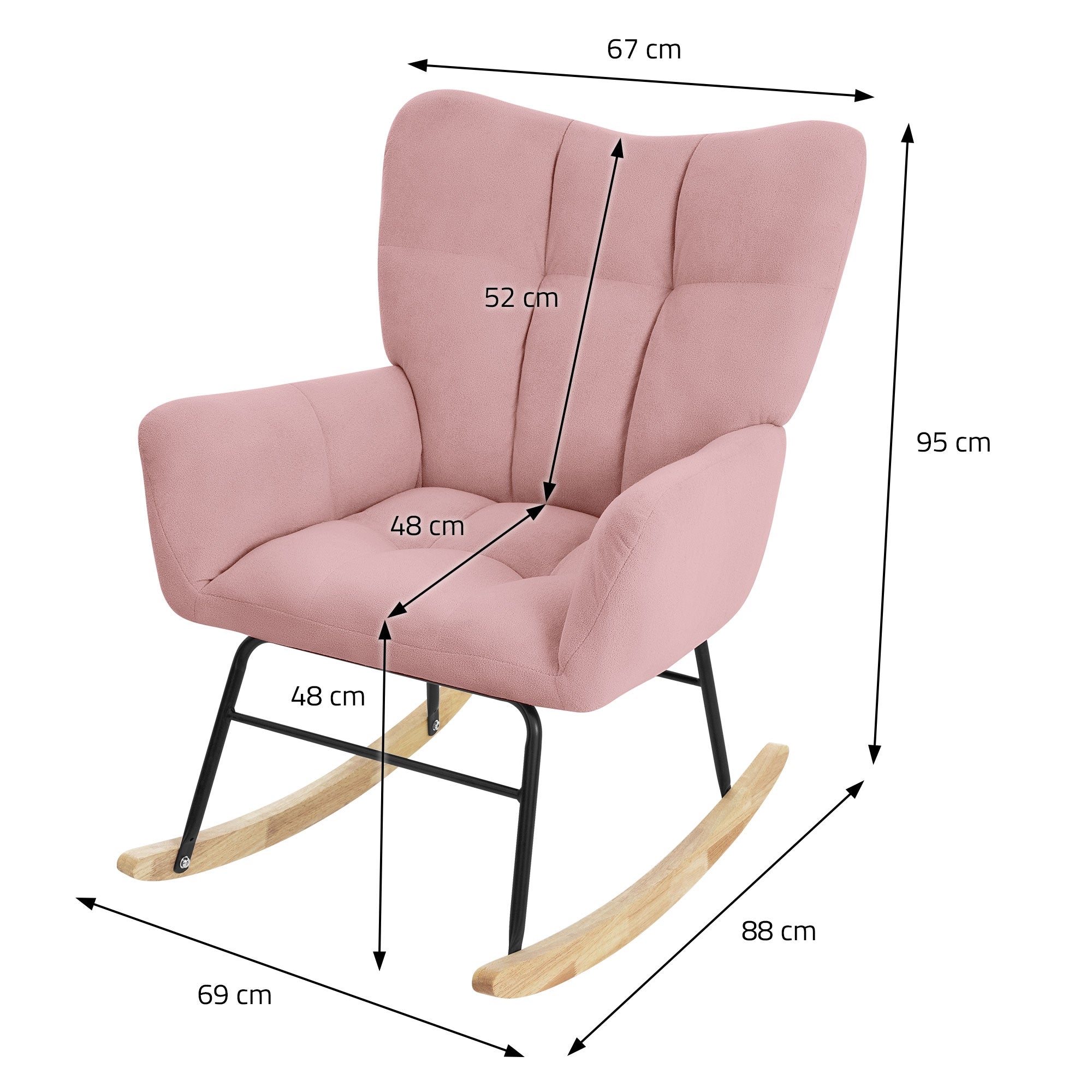 Measurement drawing of a pink rocking chair with dimensions in centimeters.
