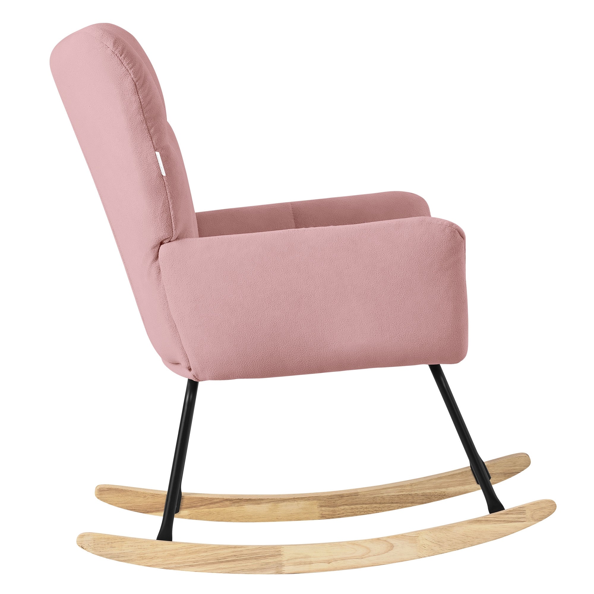 Side view of a pink rocking chair with wooden rockers.