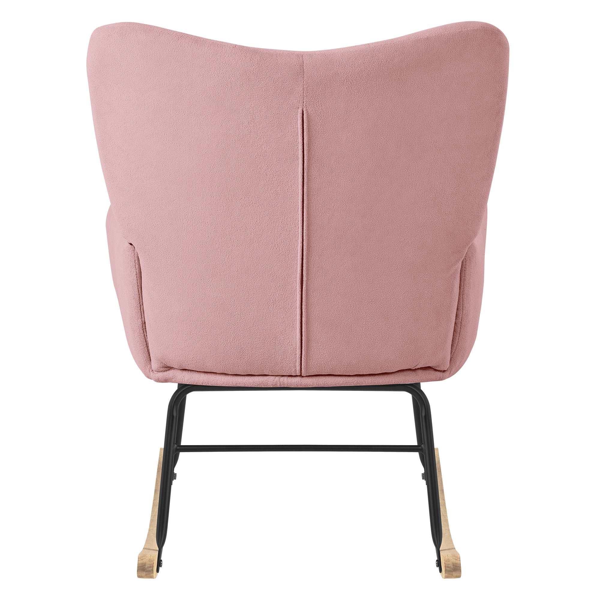 Pink armchair with a padded back and black frame.