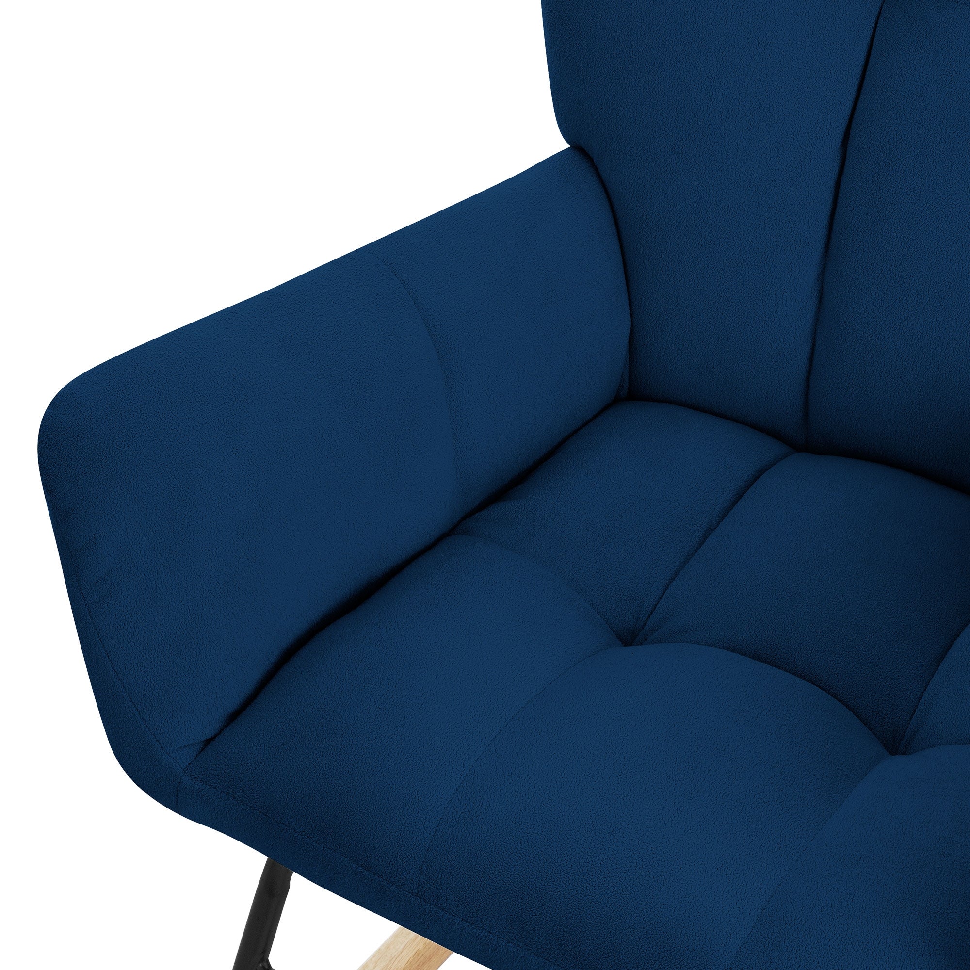Detailaufnahme des blauen Schaukelstuhls, gepolsterte Sitzfläche und Rückenlehne.