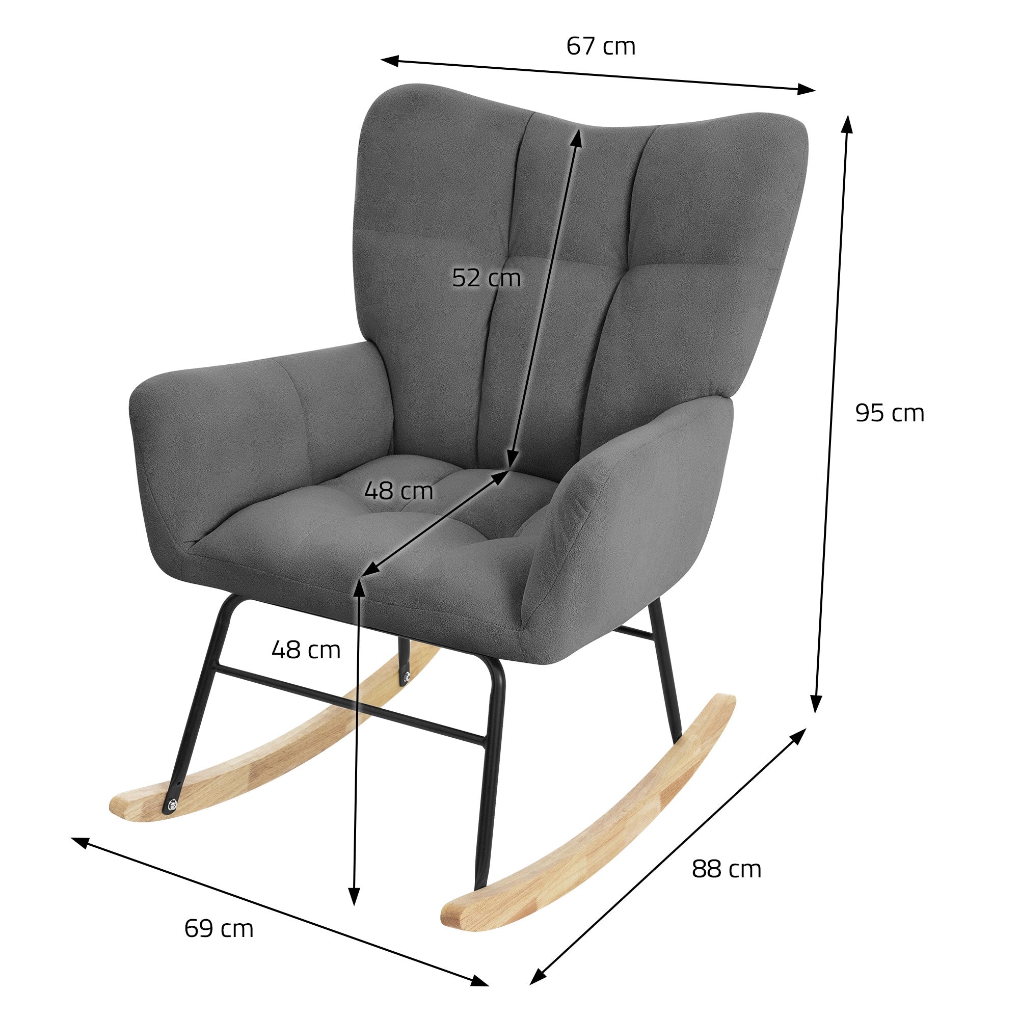 Fauteuil à bascule gris avec des dimensions en cm, sur fond blanc.