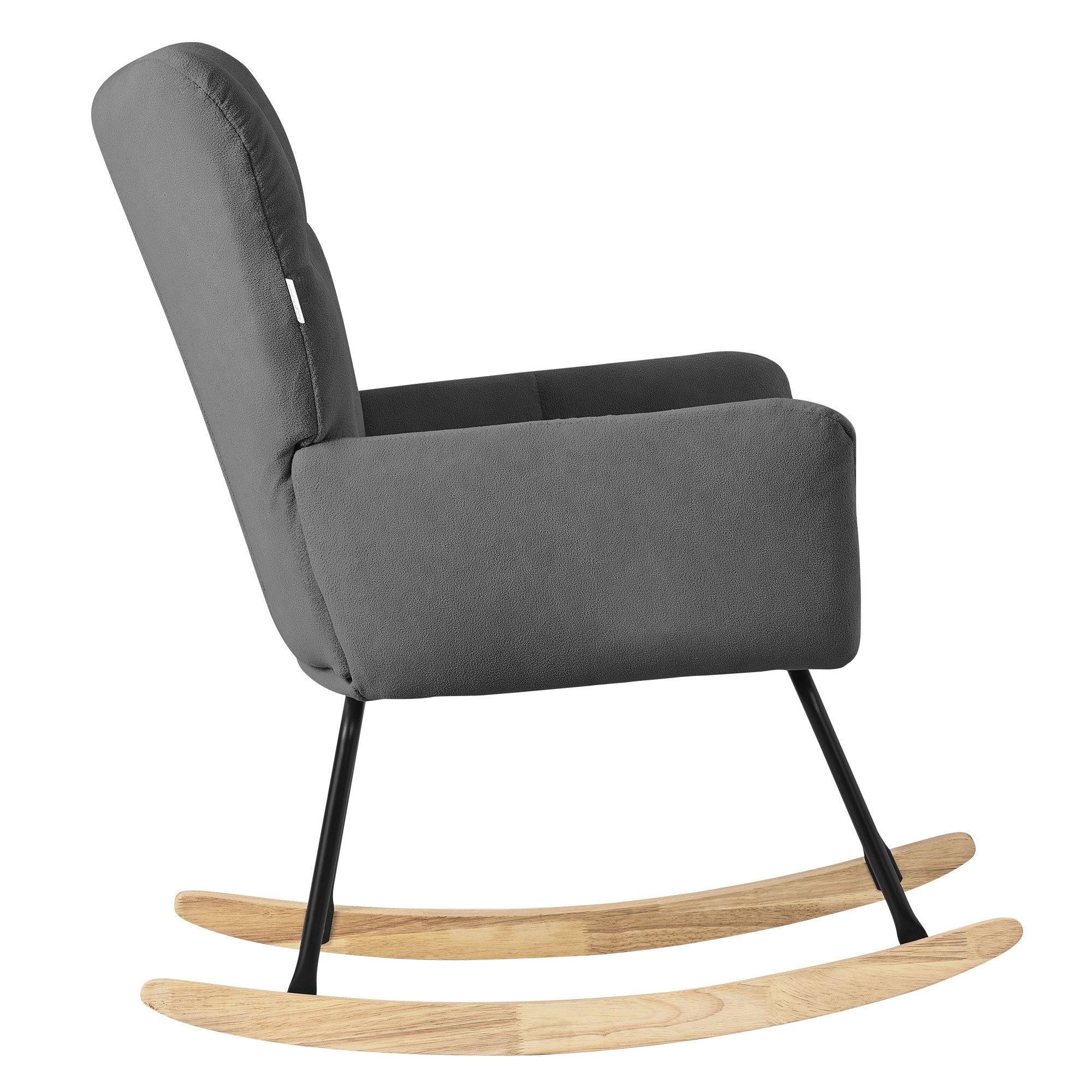 Vue de côté d'un fauteuil à bascule gris avec des pieds en bois.