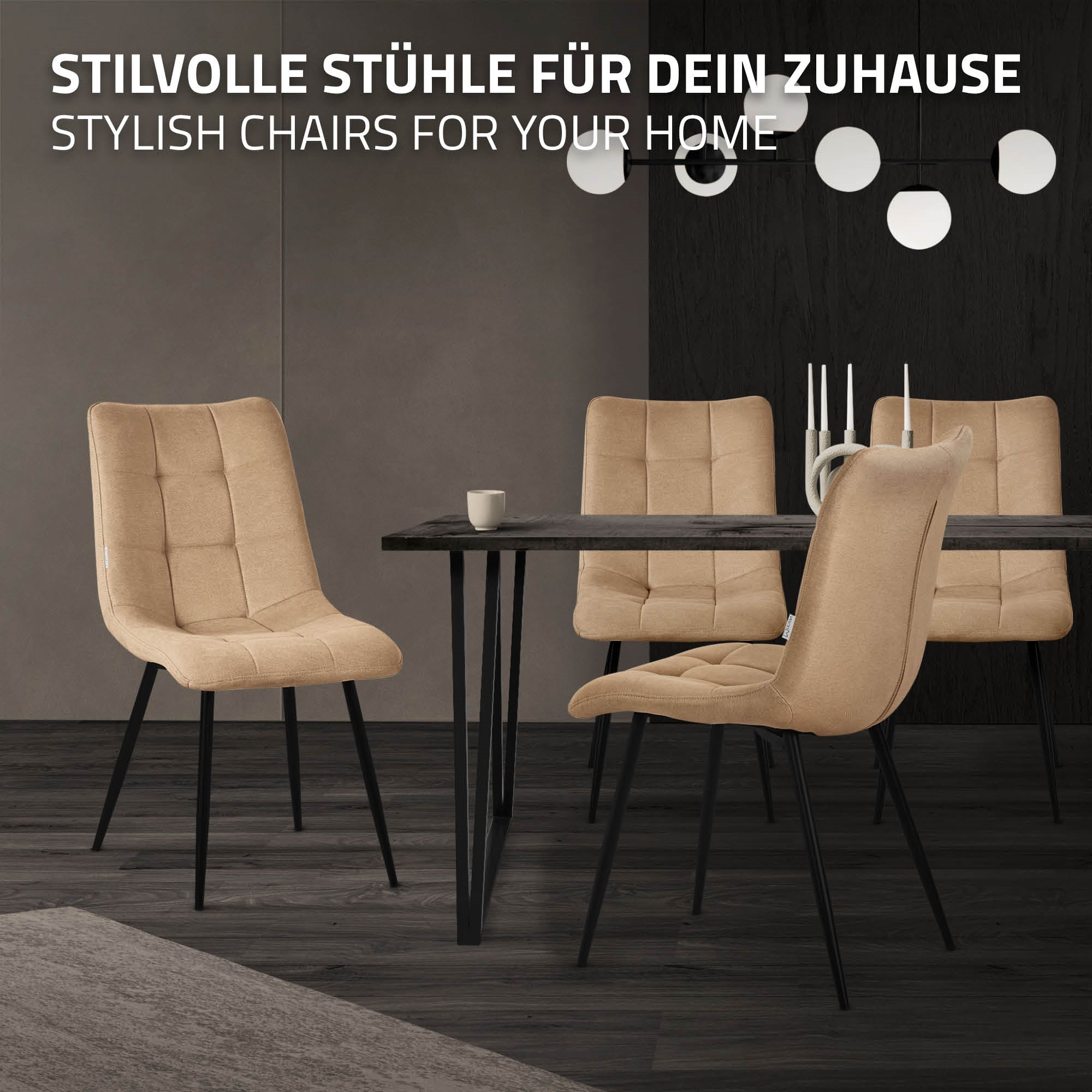 Four stylish chairs around a table in a modern room.