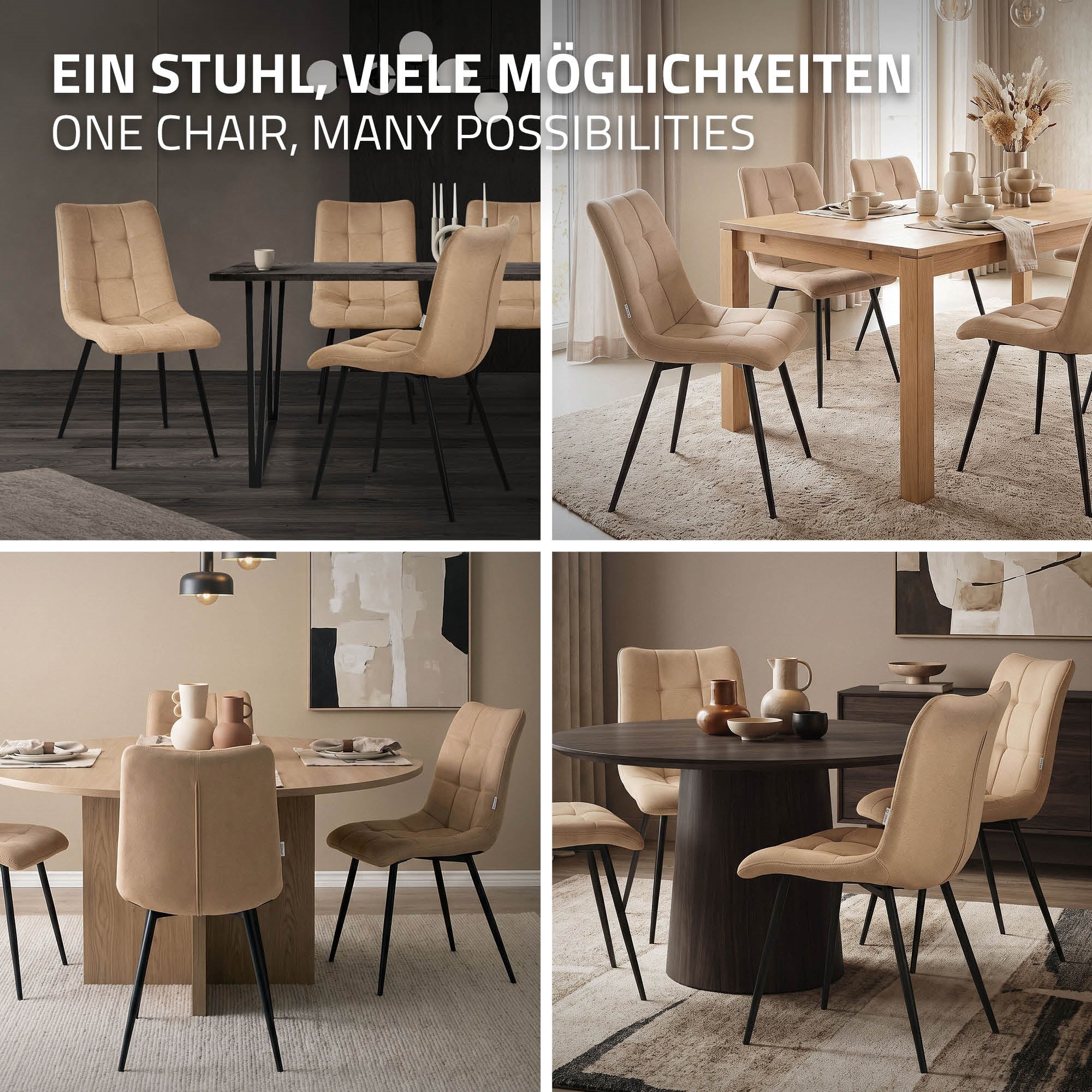Various dining chairs in beige and brown at different tables.