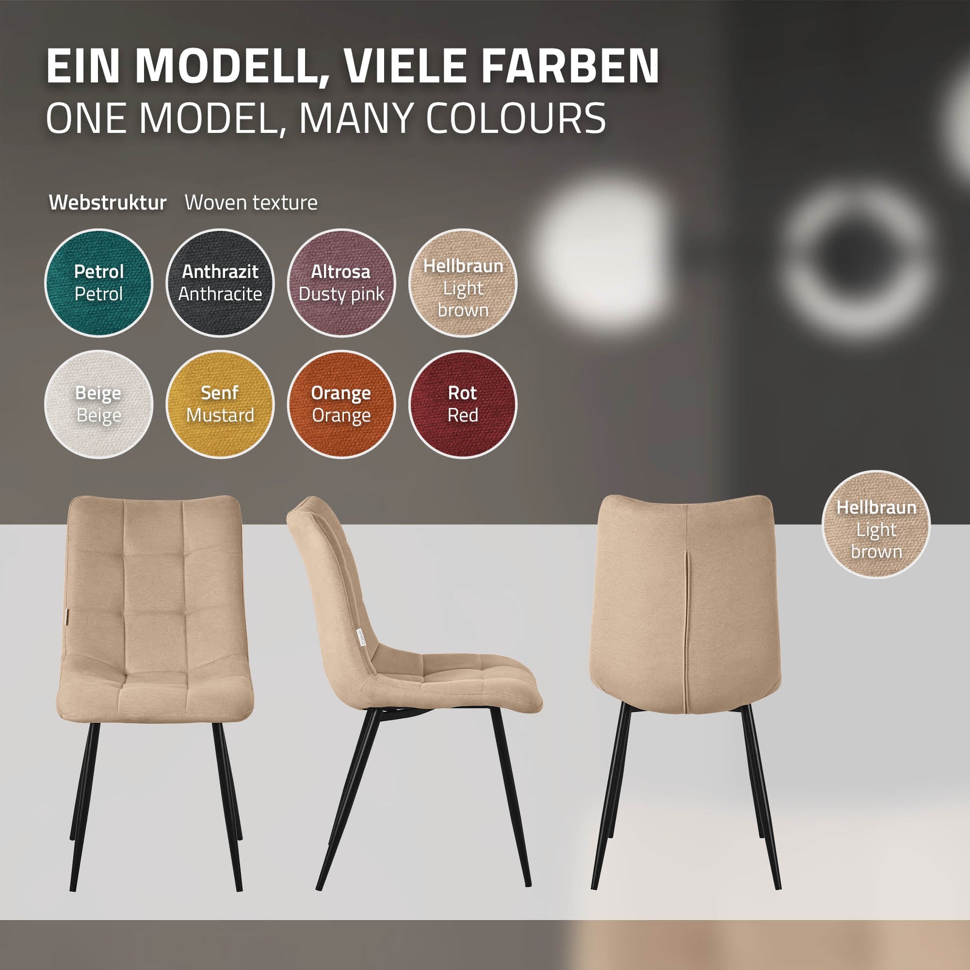 Different colors of dining chairs, beige, orange, and brown.