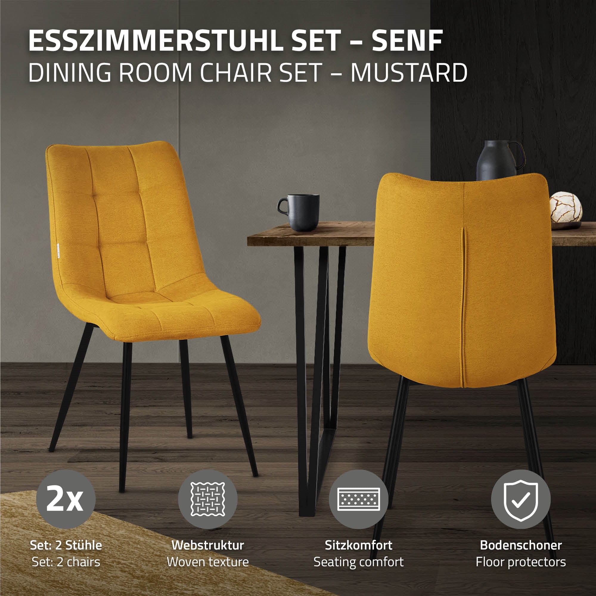 Esszimmerstuhl-Set in Senf mit zwei Stühlen und Informationen zu Webstruktur.