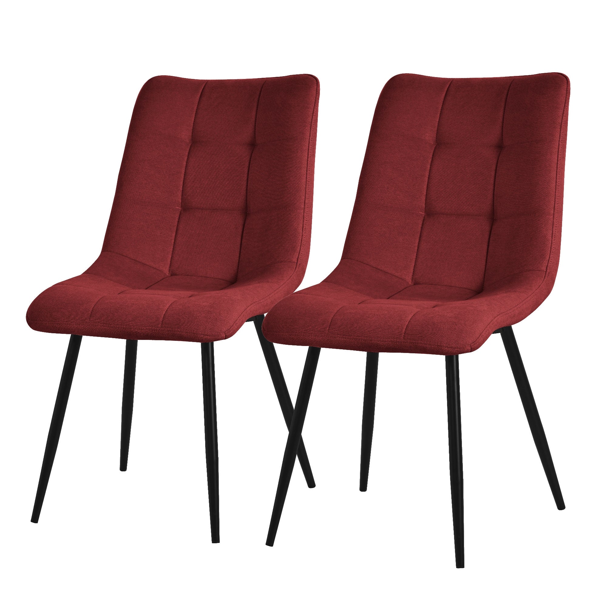Due sedie imbottite rosse con gambe nere.