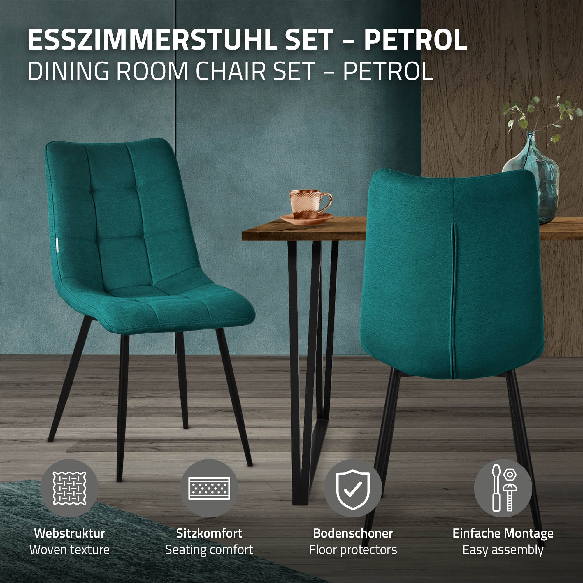 Zöld étkezőszék egy asztal előtt, kényelmet és összeszerelést szimbolizáló jelekkel.