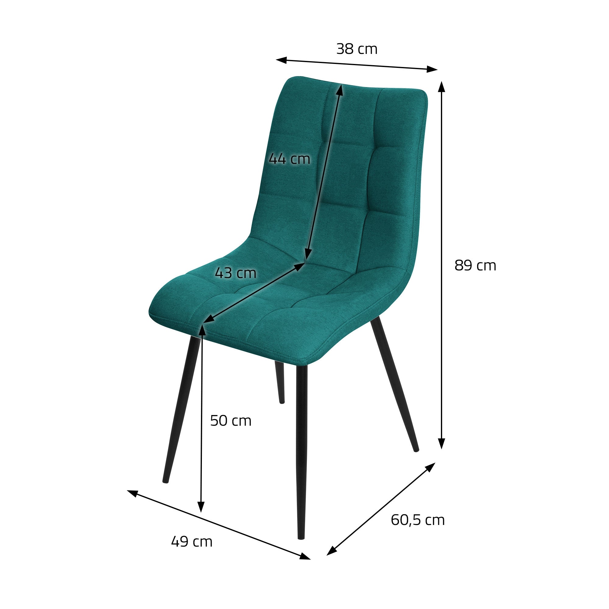 Disegno di un sedia verde con dimensioni in centimetri.