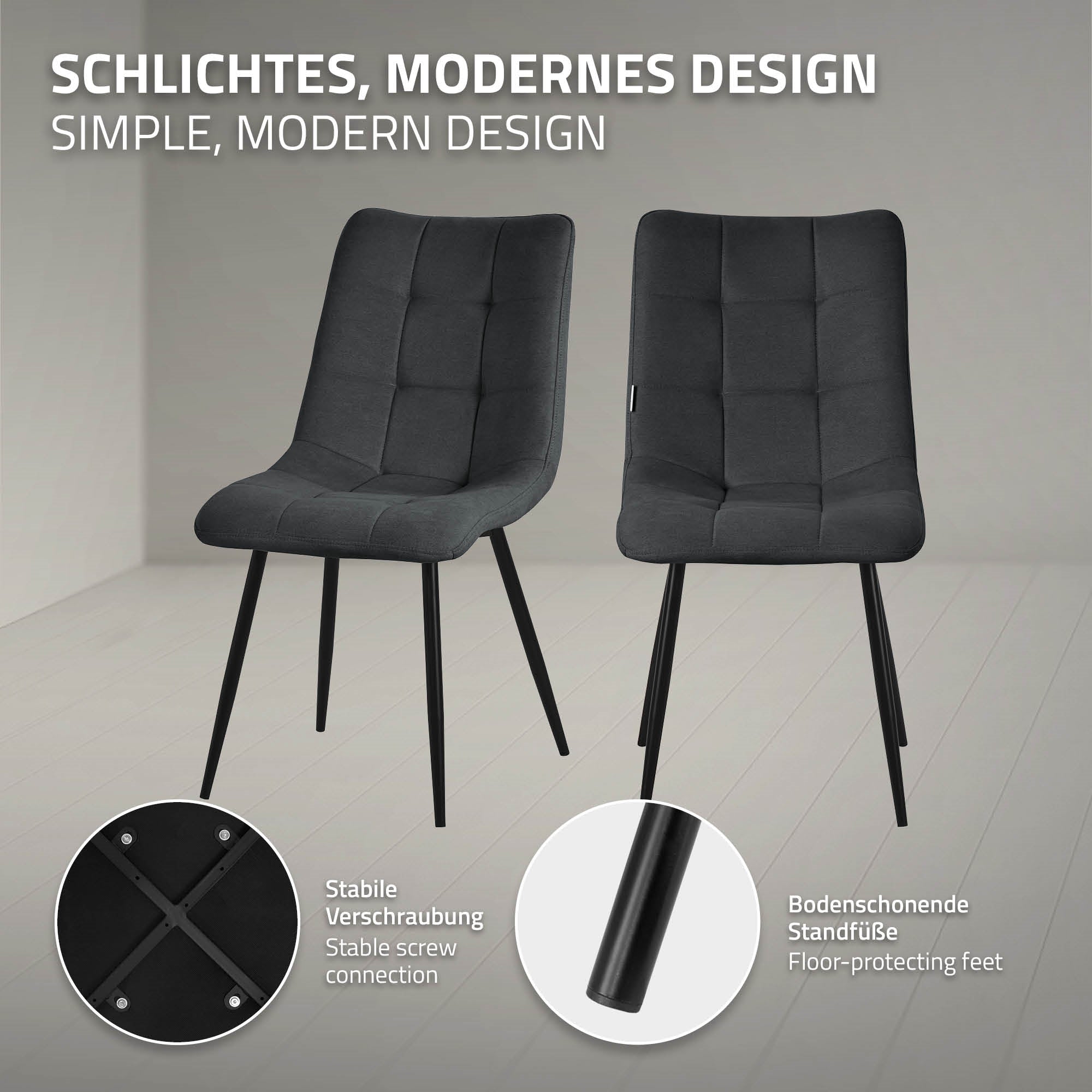 Two black chairs with a stable connection and floor-protecting feet.