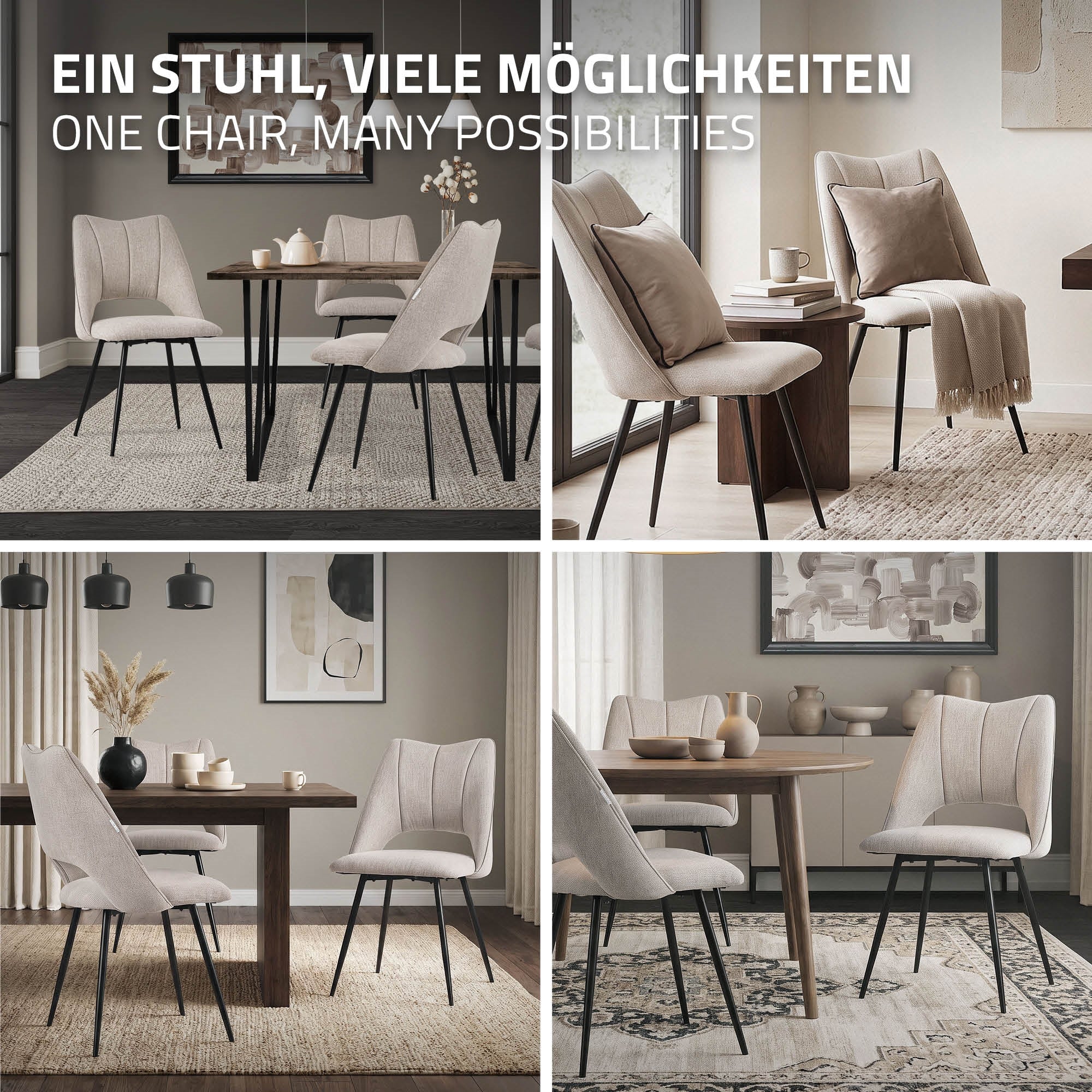 Vier Esszimmerstühle in verschiedenen Arrangements um einen Tisch.