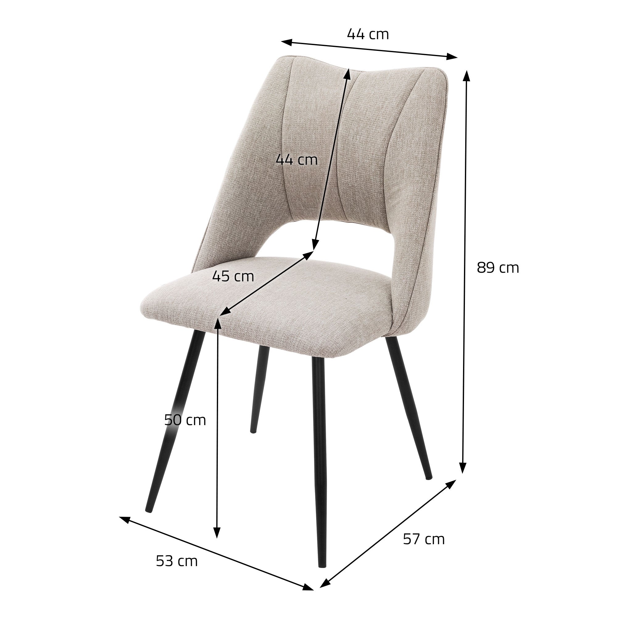 Beige Esszimmerstuhl mit Maßen und Details zu den Abmessungen.