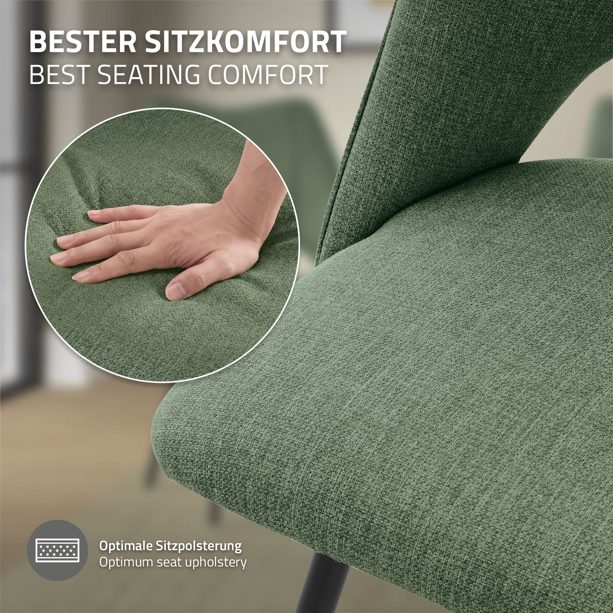 Nahaufnahme eines grünen Stuhls, Hand drückt auf die Polsterung.