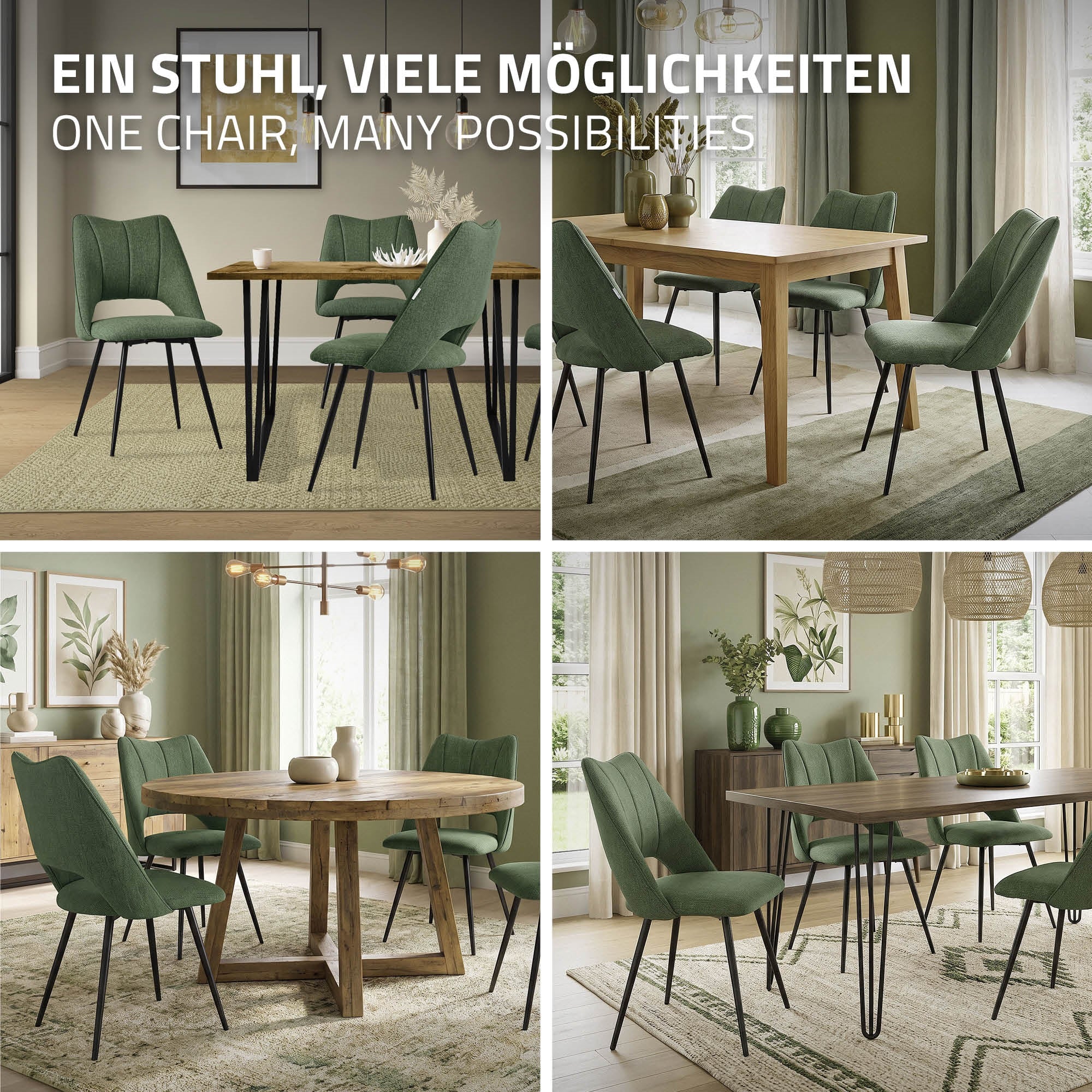 Verschiedene Esszimmeranordnungen mit einem grünen Stuhl und einem Holztisch.