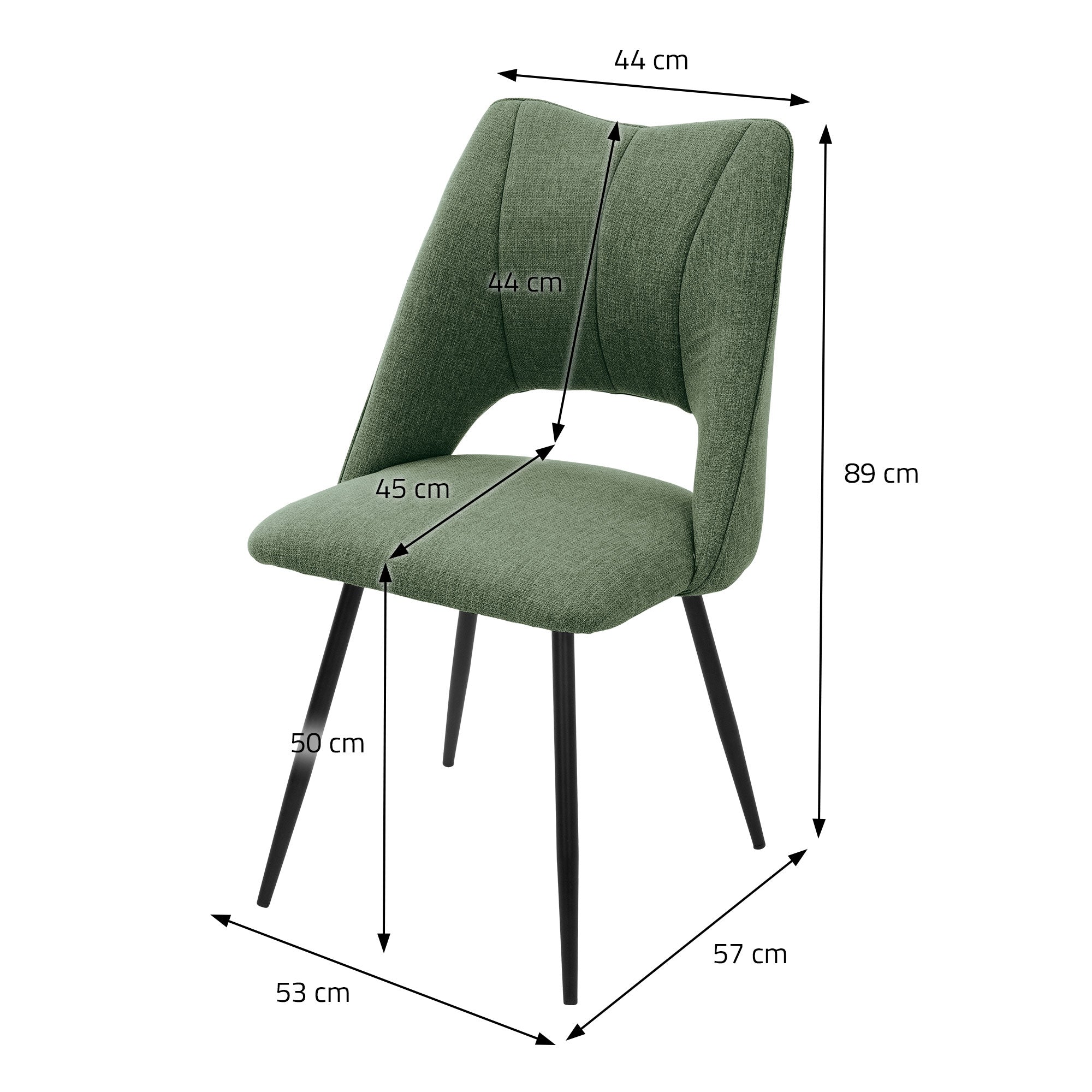 Grüner Stuhl mit Maßen: Höhe 89 cm, Breite 53 cm, Tiefe 57 cm.