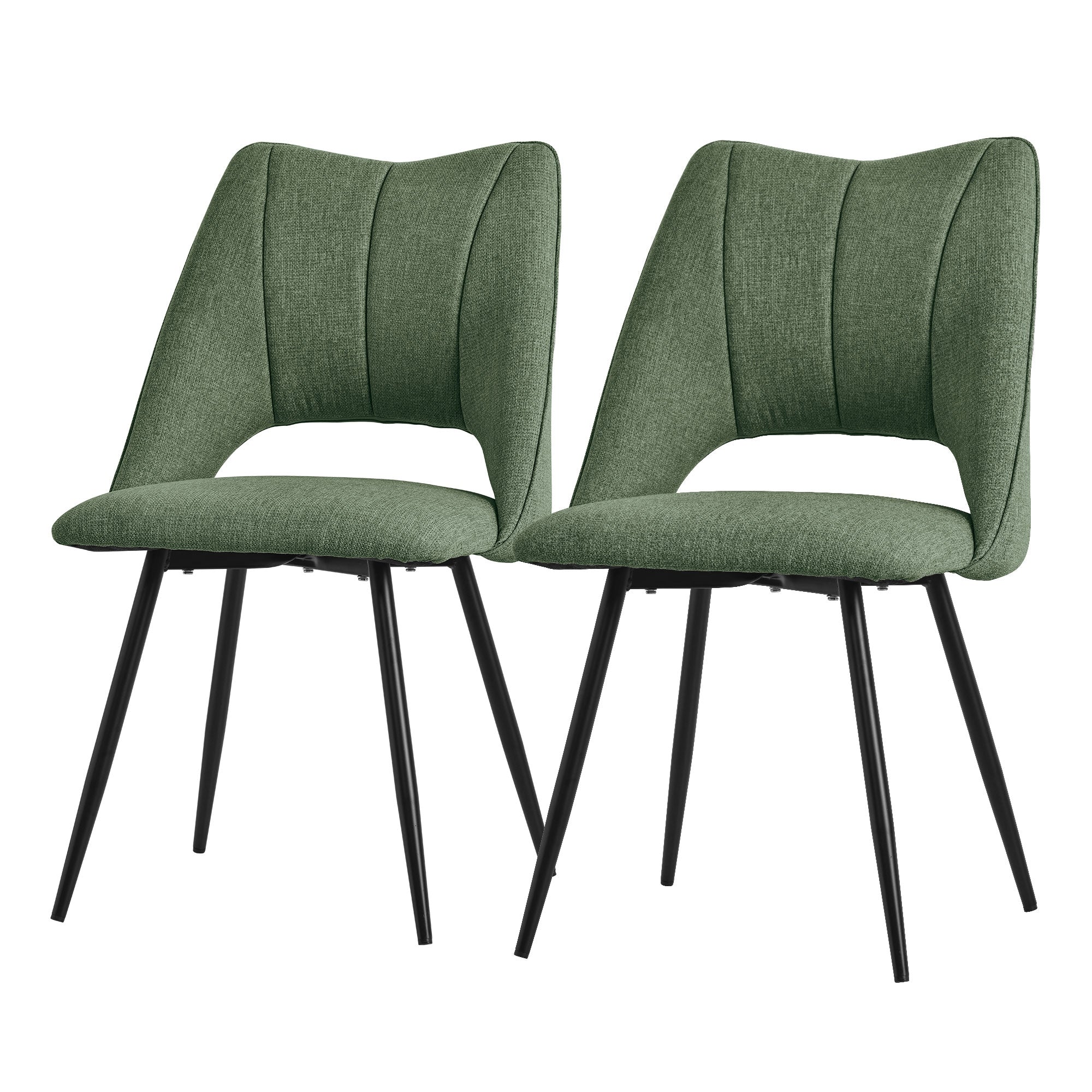 Two green chairs with curved backs and black legs.