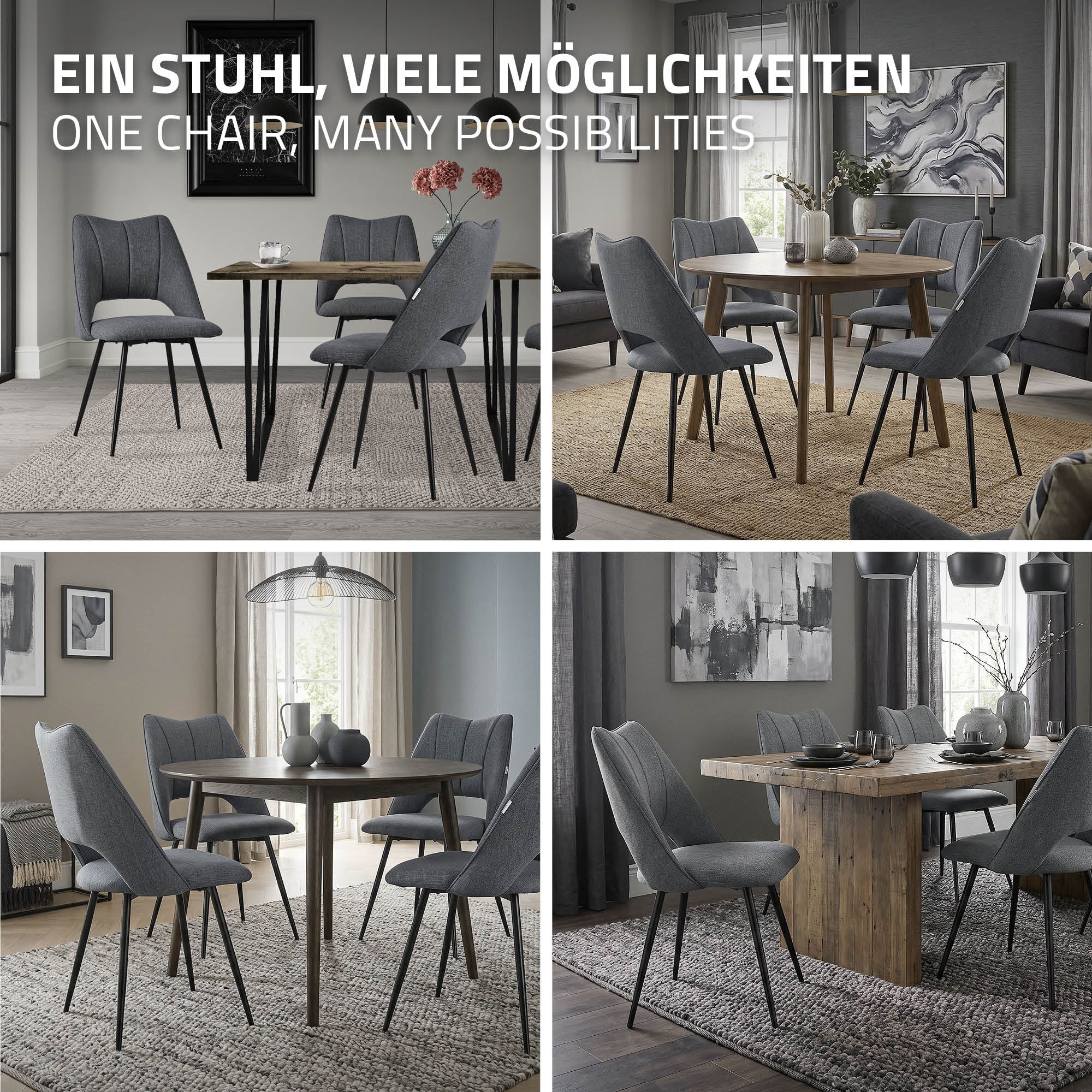 Vier graue Stühle um einen Holztisch in einem modernen Raum.