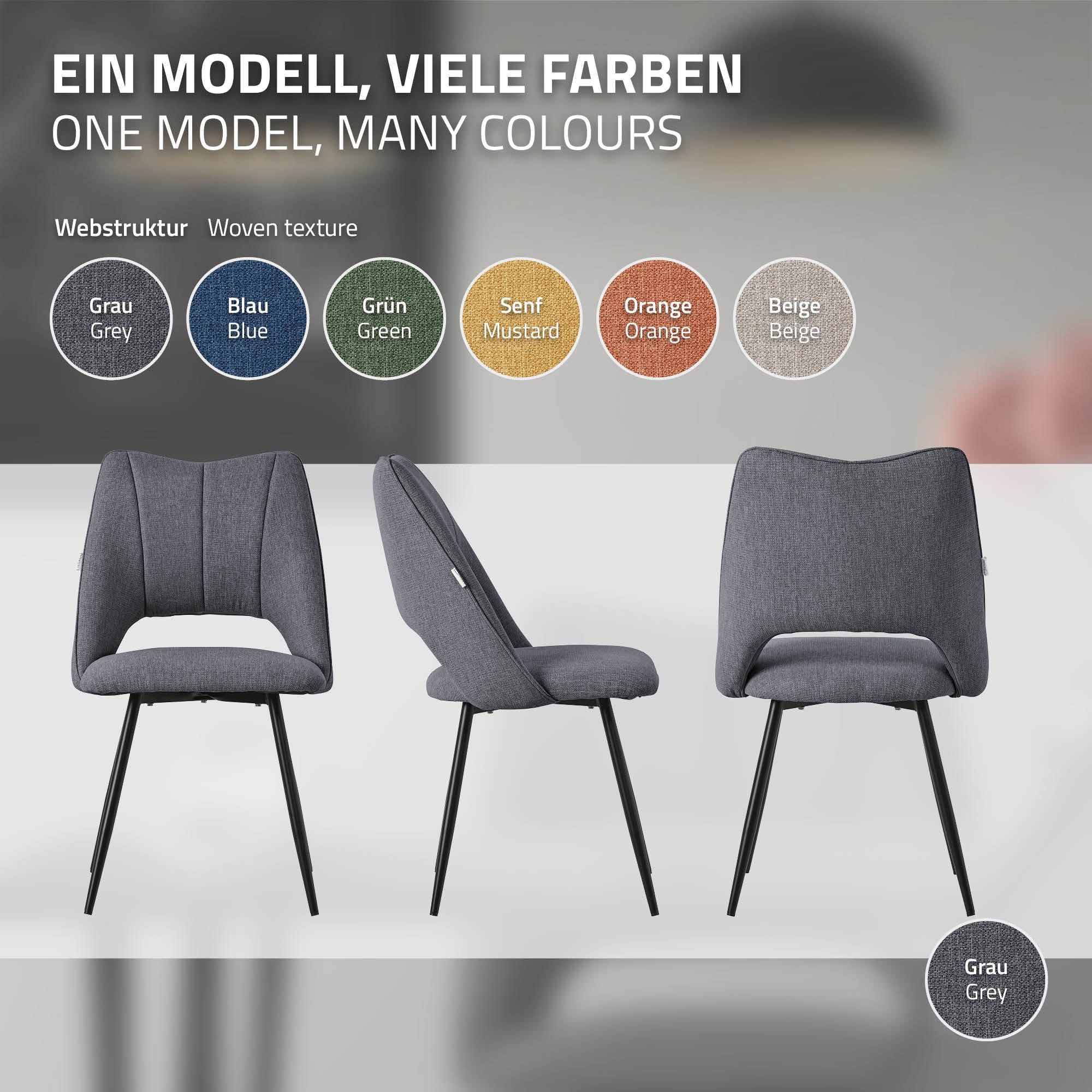 Drei Stühle in verschiedenen Farben vor einem Tisch.