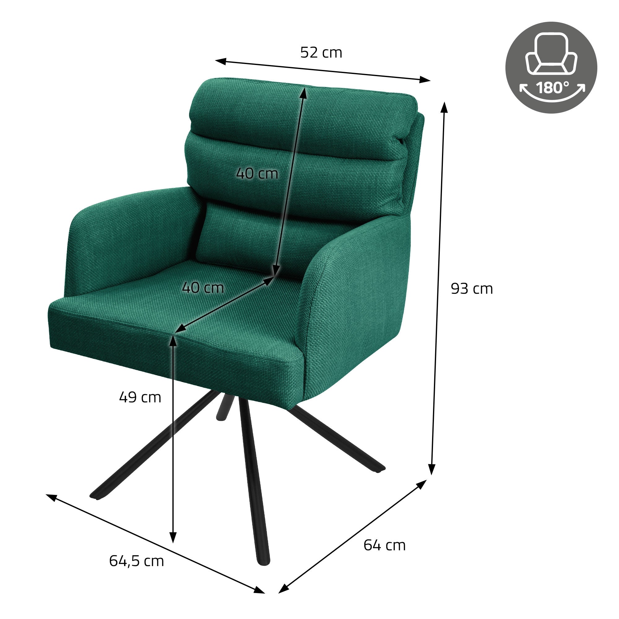 Maatschets van een groene eetkamerstoel met afmetingen.