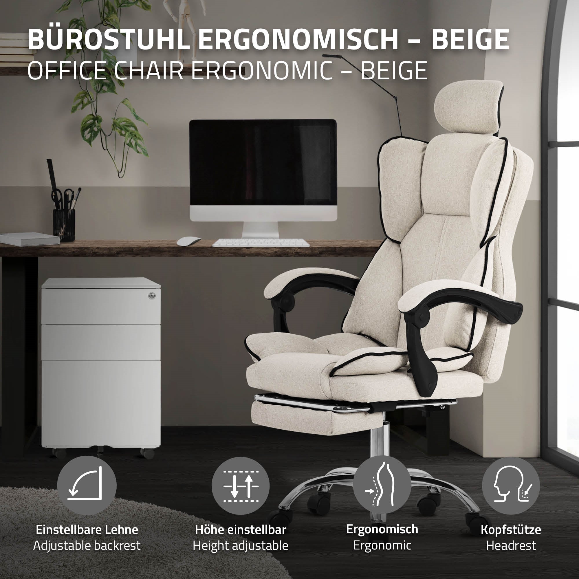 Ergonomická kancelářská židle v béžové barvě s nastavitelným opěradlem a hlavovou opěrkou.