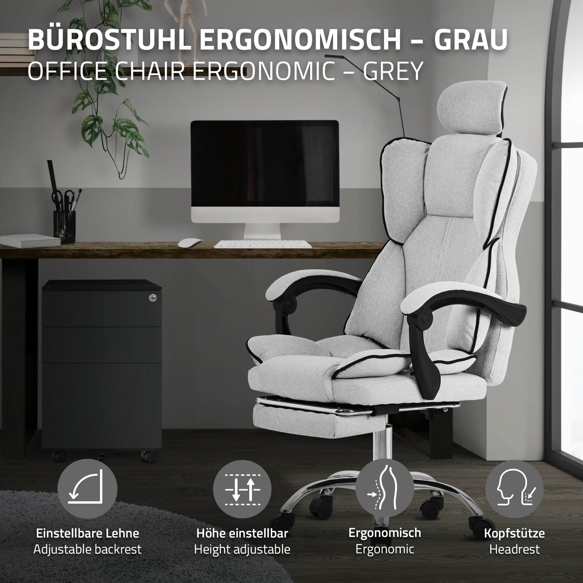 Chaise de bureau grise avec dossier réglable et appui-tête dans un bureau.