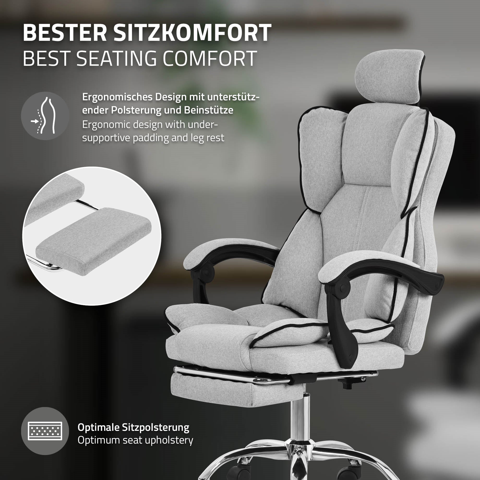 Chaise de bureau grise avec un design ergonomique et des accoudoirs réglables.
