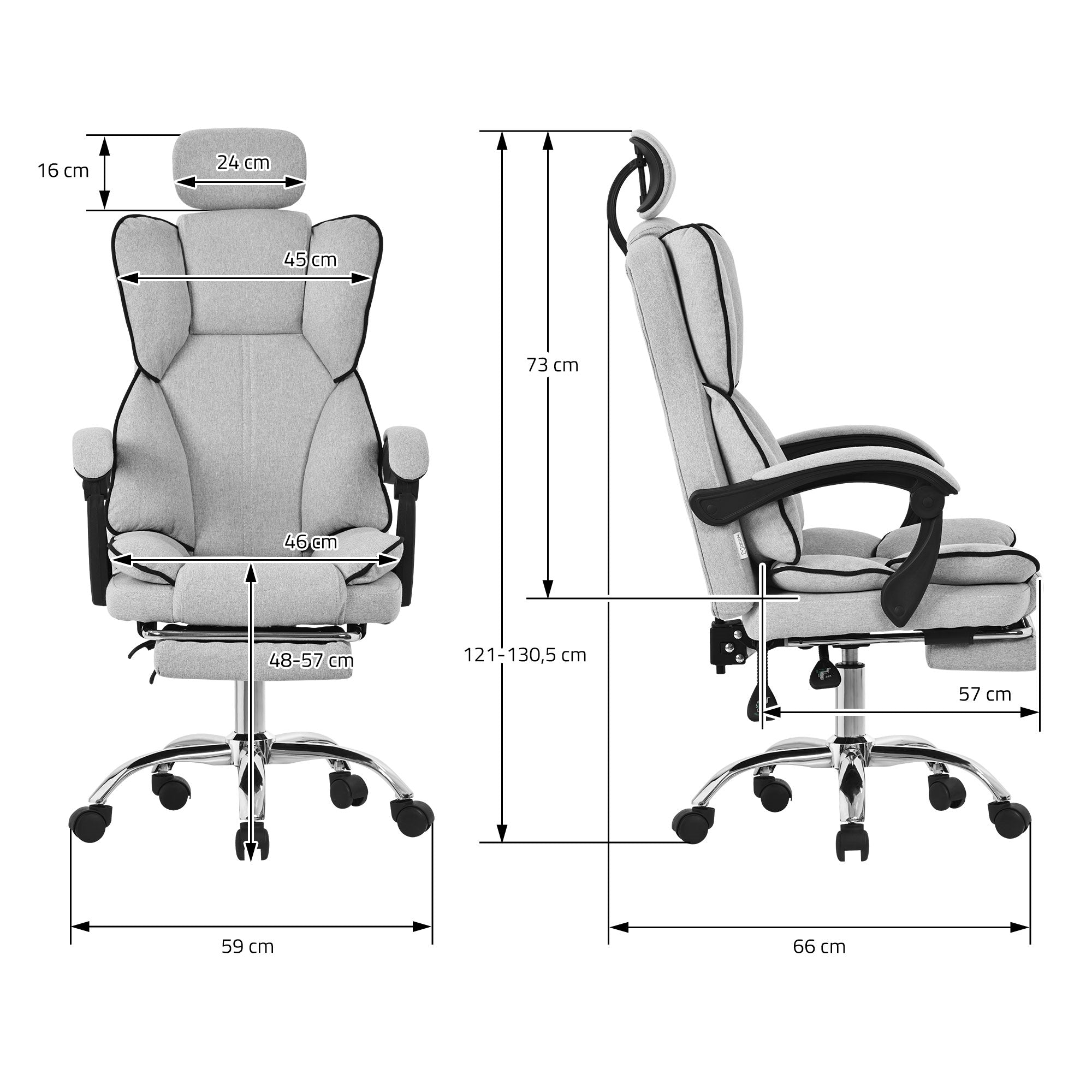 Dessin dimensionnel d'une chaise de bureau avec différentes dimensions.