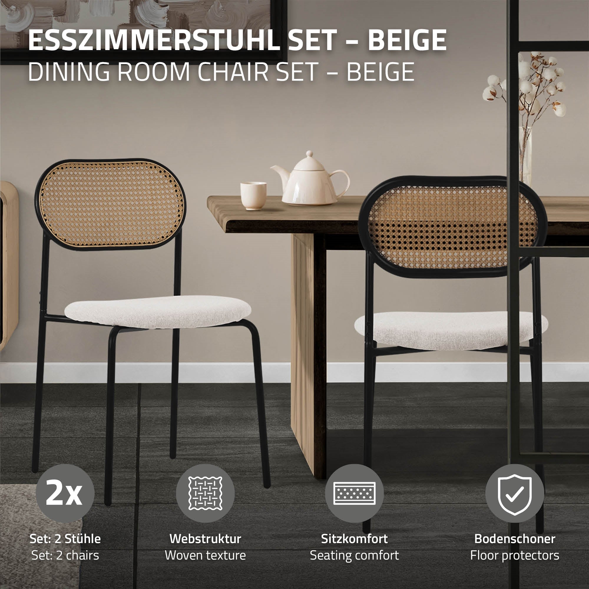 Beige spisestuestole med flettet ryg og teekande på et bord.