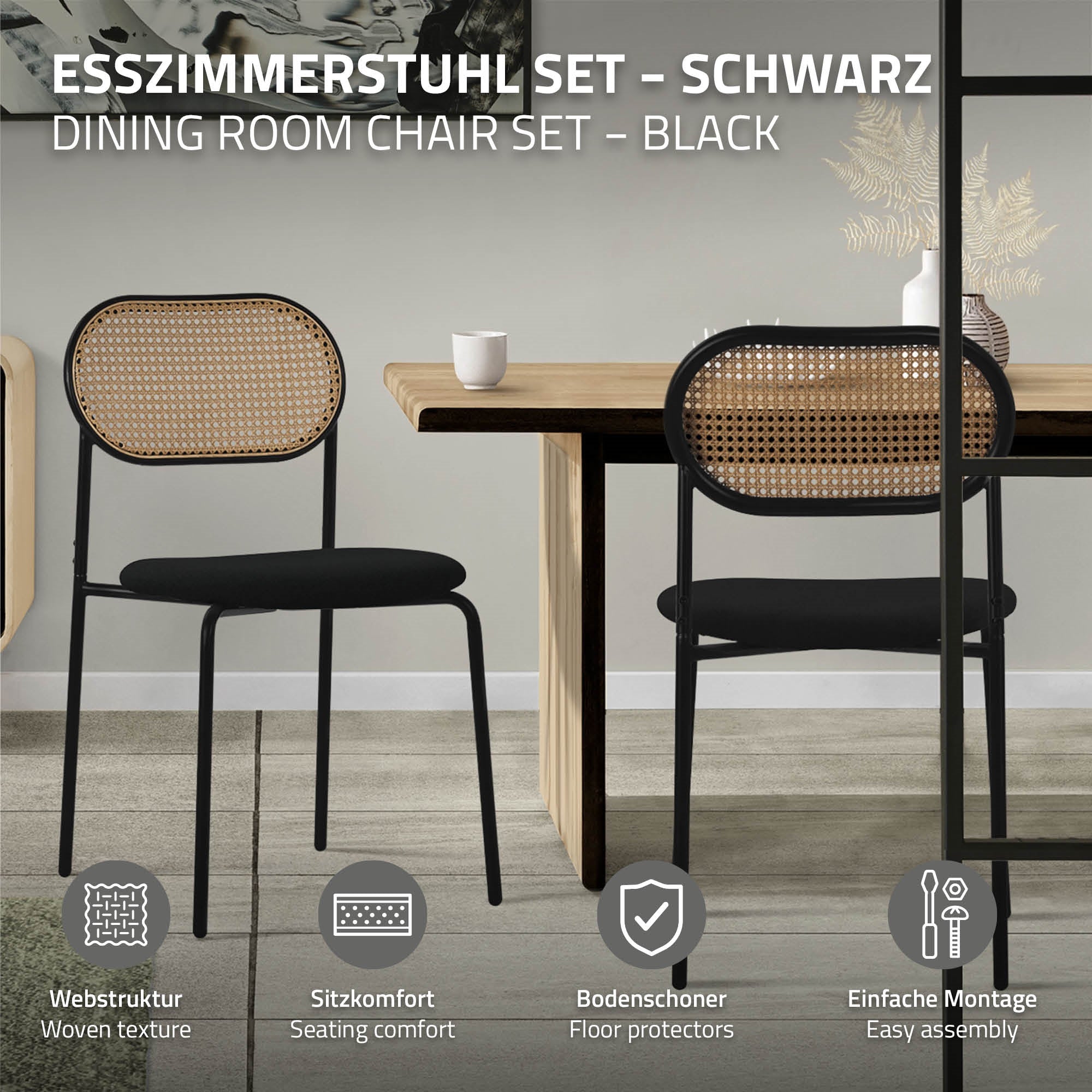 Schwarzer Esszimmerstuhl mit geflochtener Rückenlehne und Beschreibung der Eigenschaften.