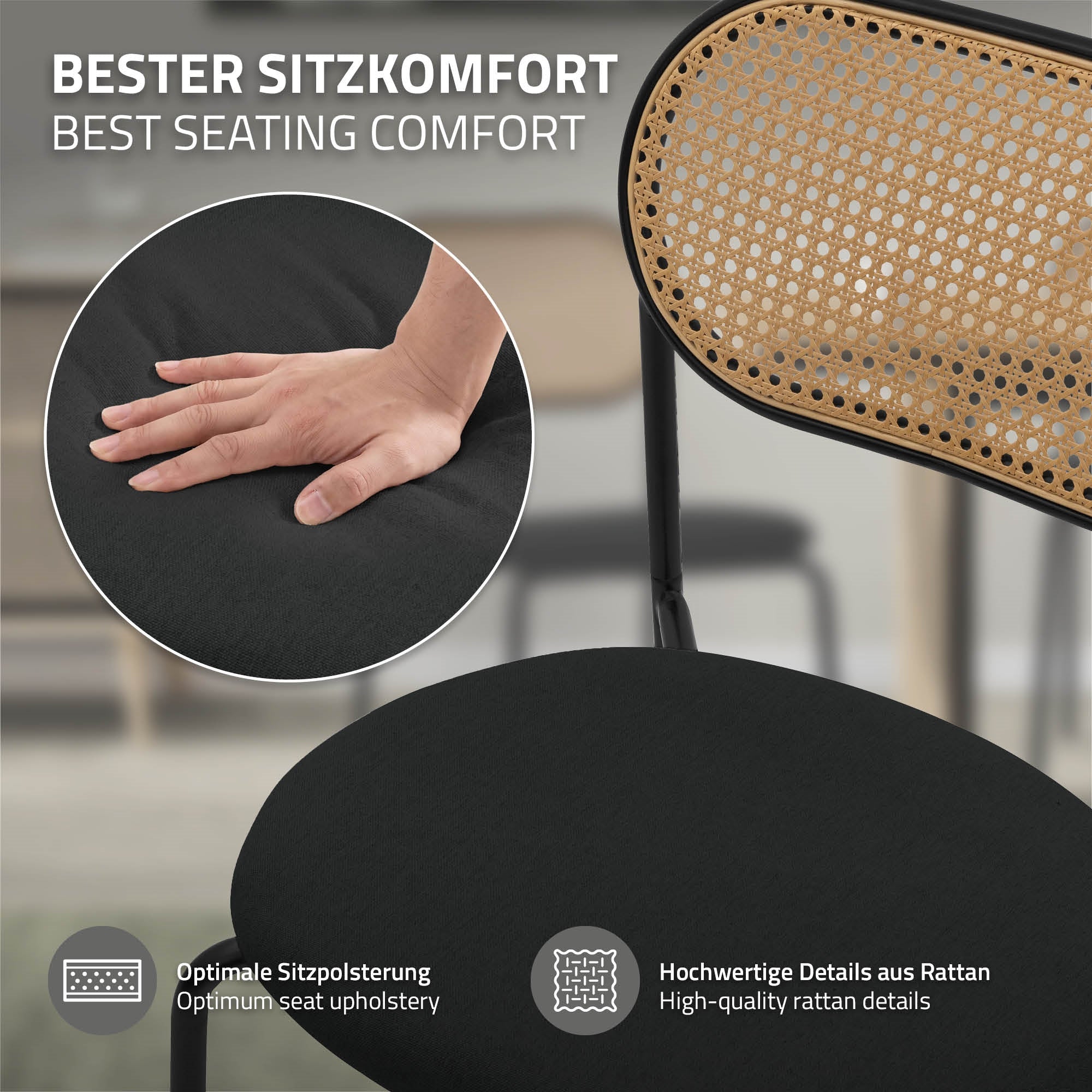 Hand op een gevoerde zitting, tekst over zitcomfort.