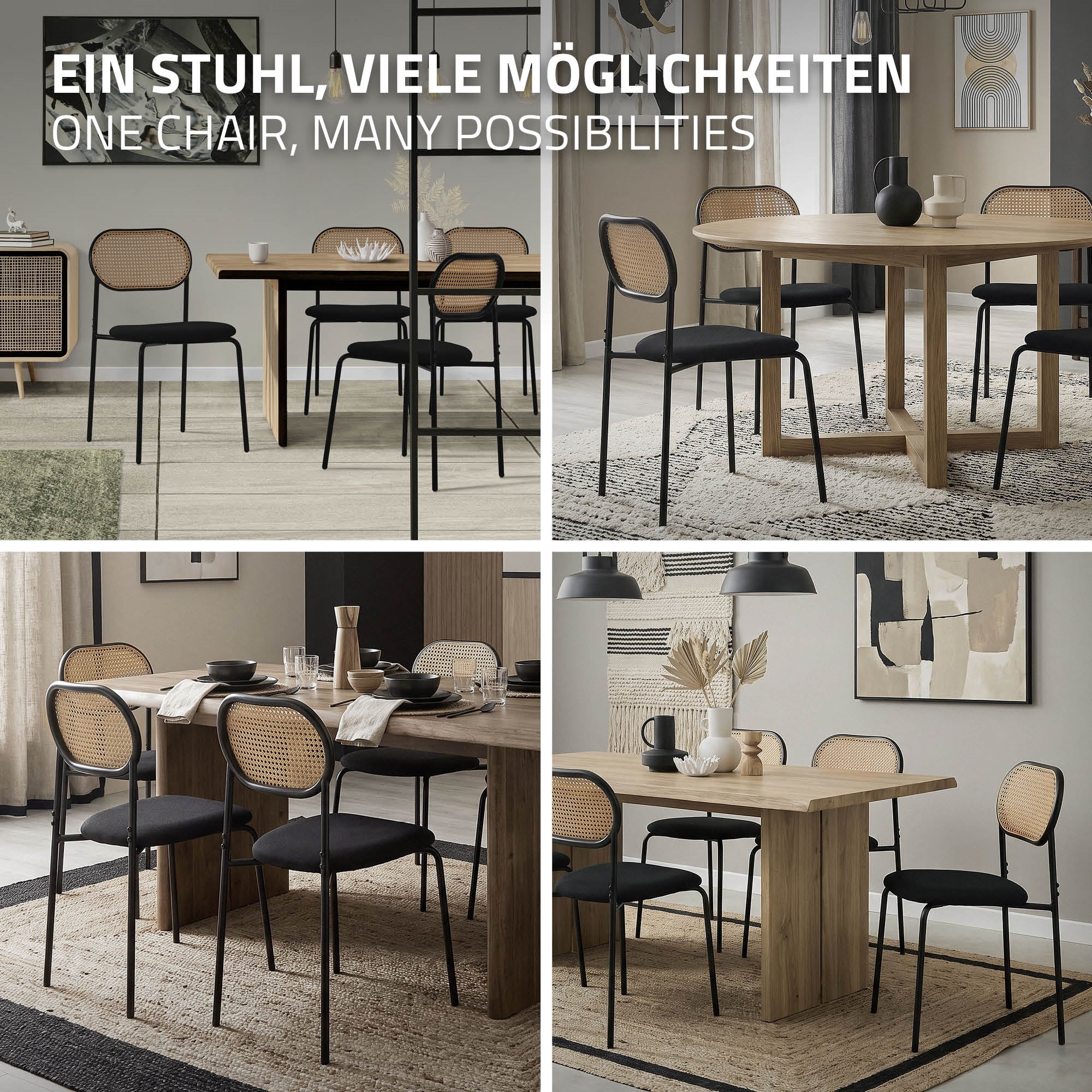 Collage van stoelen in verschillende eetkamerindelingen.