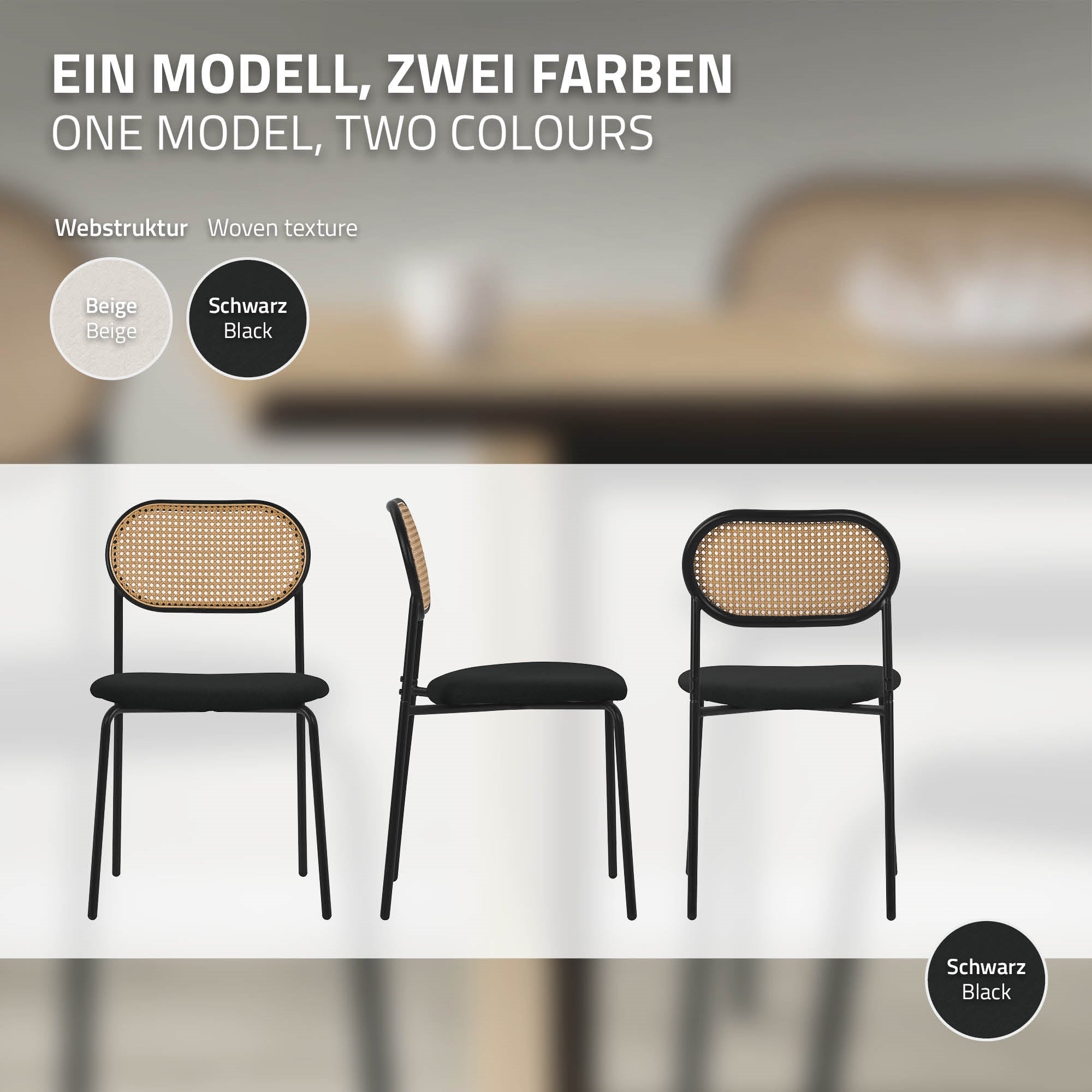 Zwei Stühle in Schwarz und Beige, Text über Farboptionen.