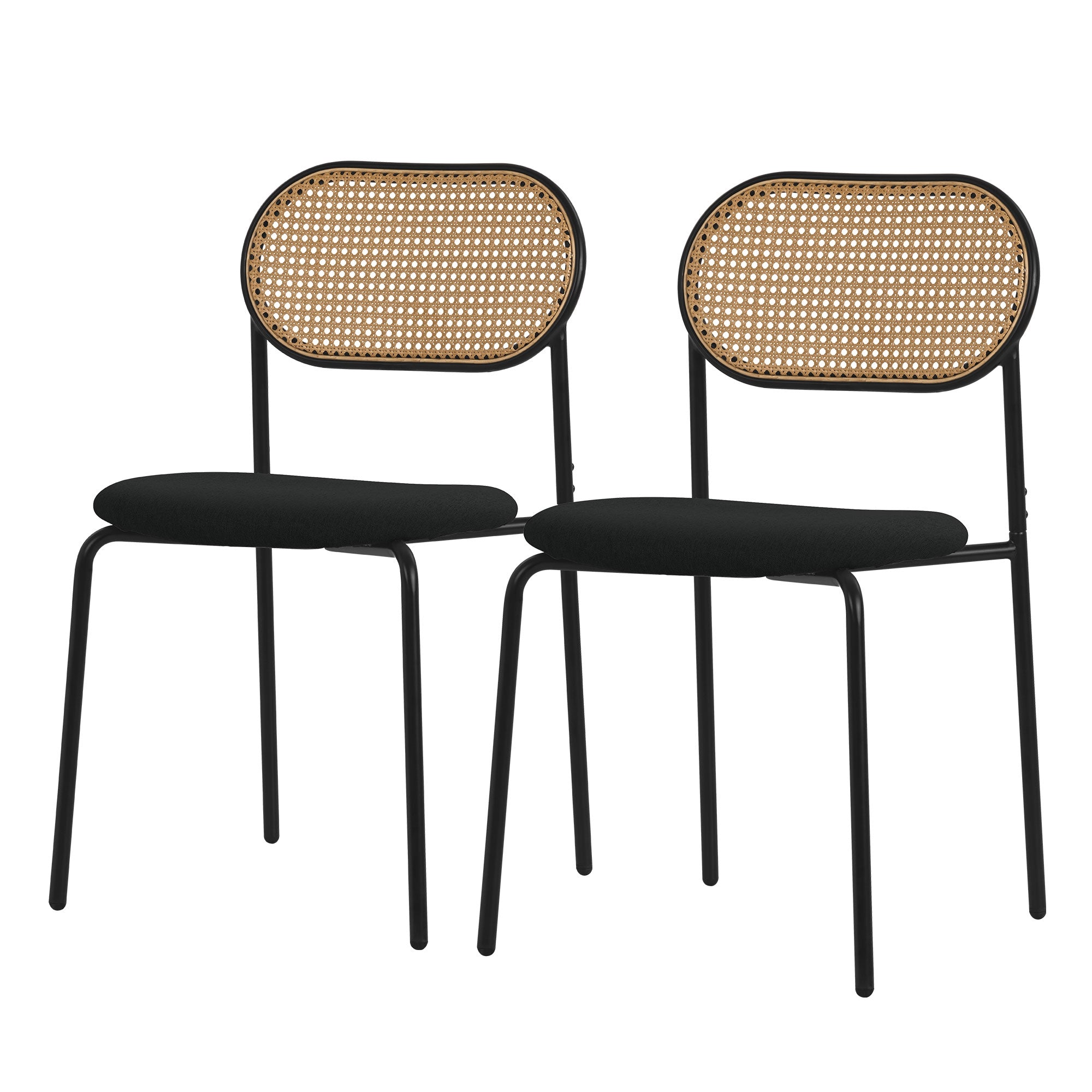 Two black chairs with rattan elements on a white background.