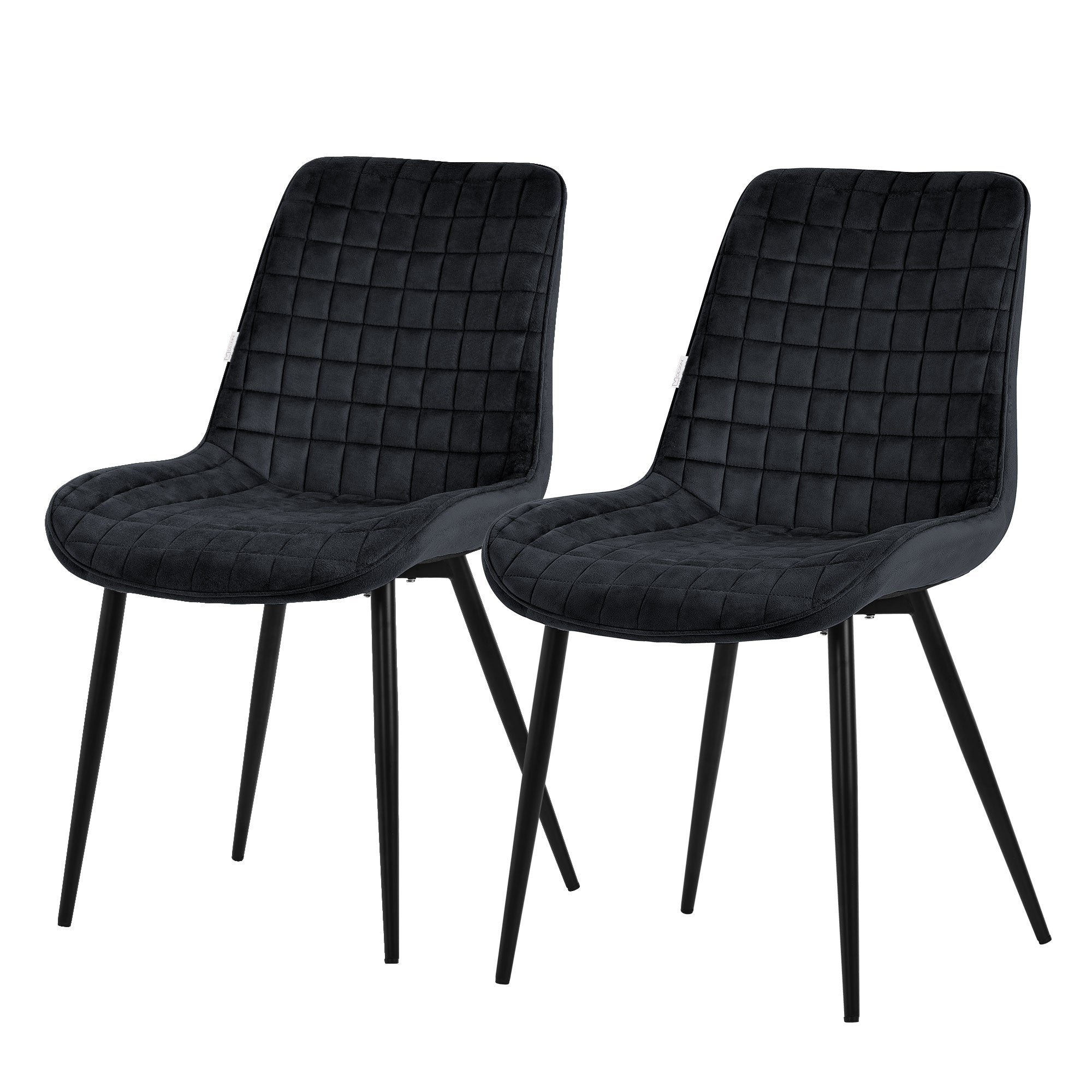 Zwei schwarze Stühle mit gepolsterter Sitzfläche und schmalen Beinen.