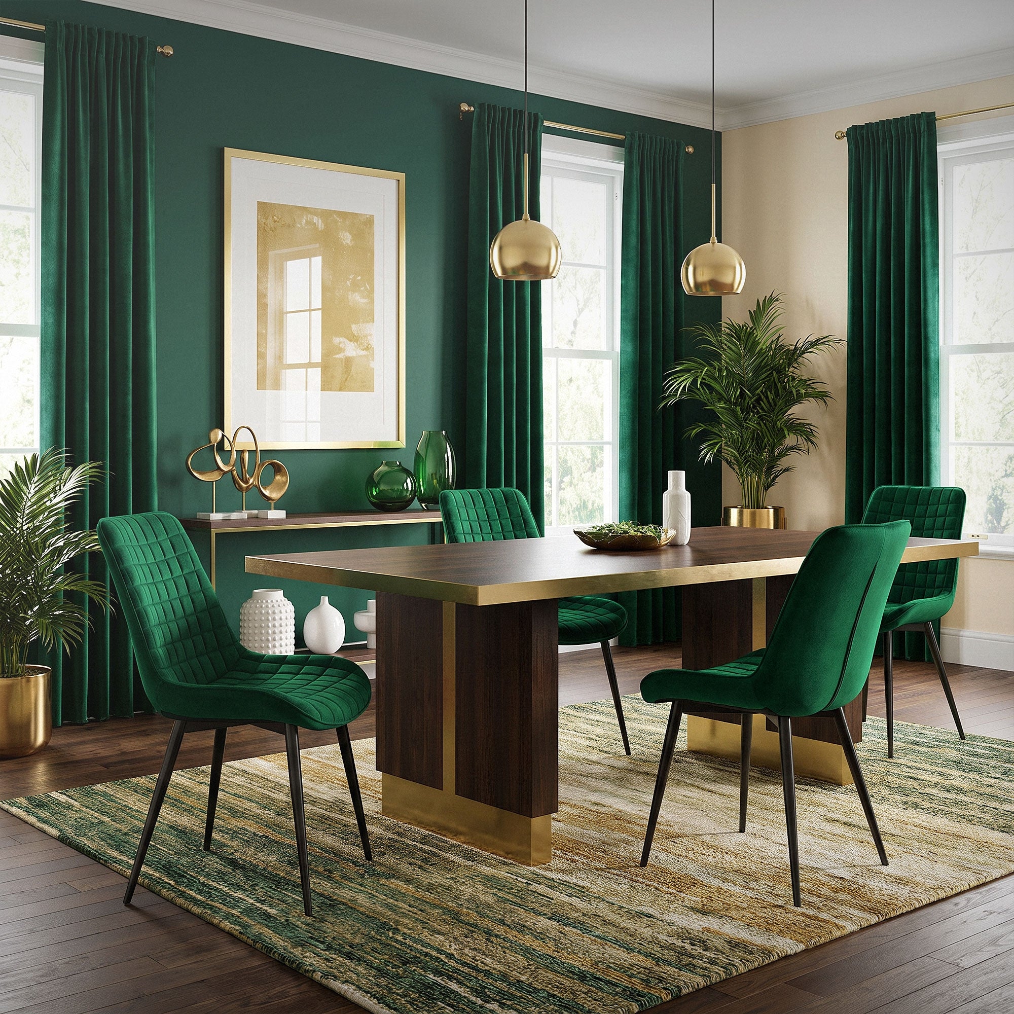 A stylishly furnished dining area with green chairs and golden lamps.