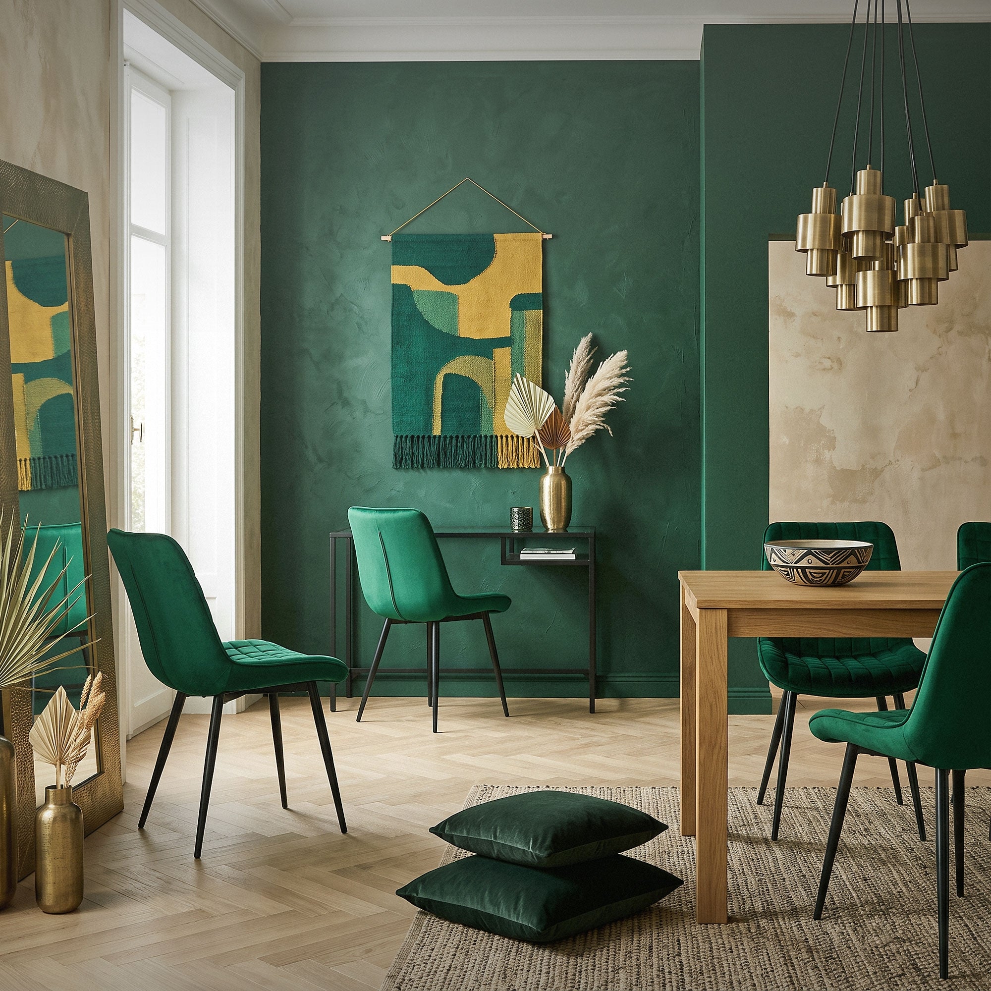 A stylishly furnished room with green chairs and a wooden table.
