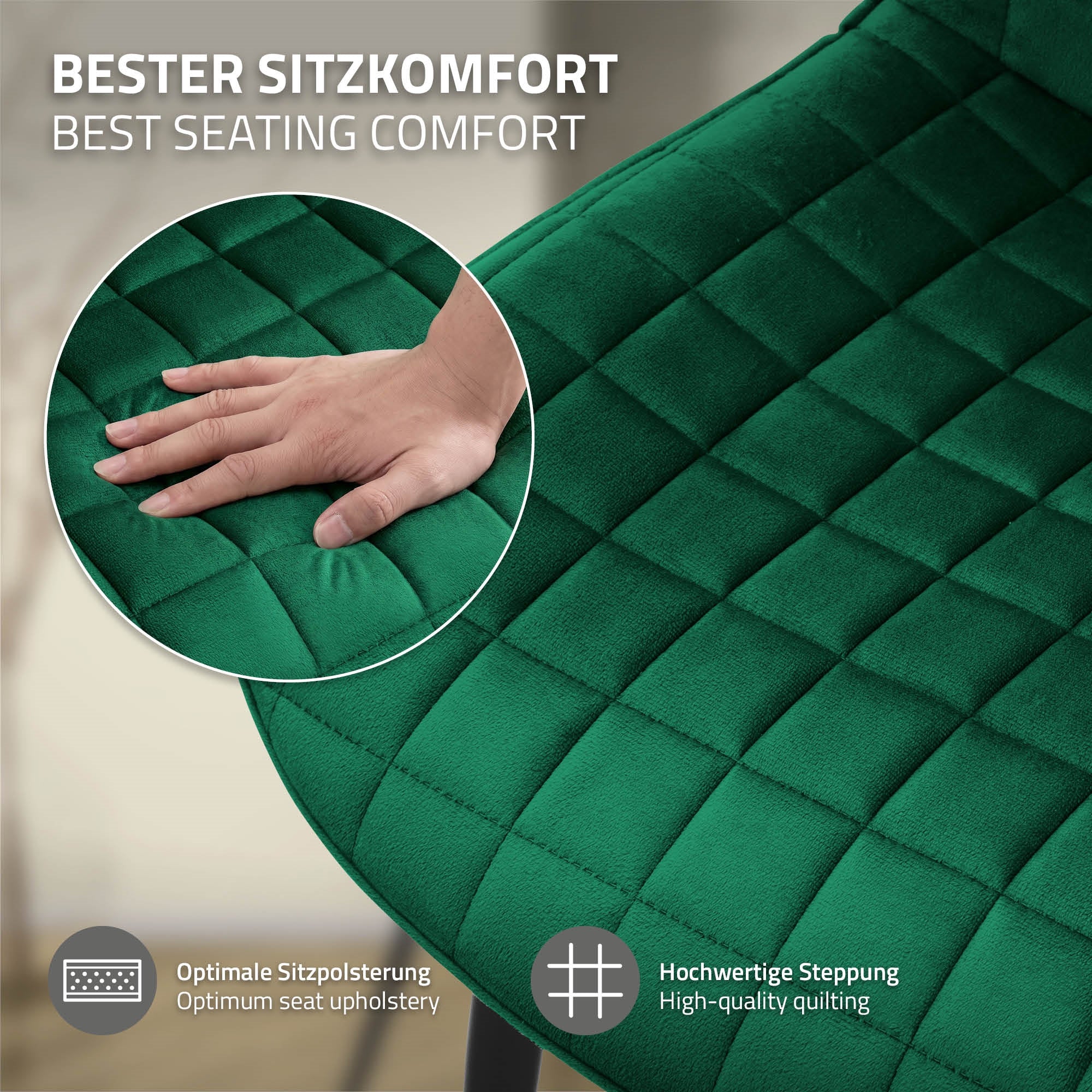 Close-up of a hand on a green chair with a padded surface.
