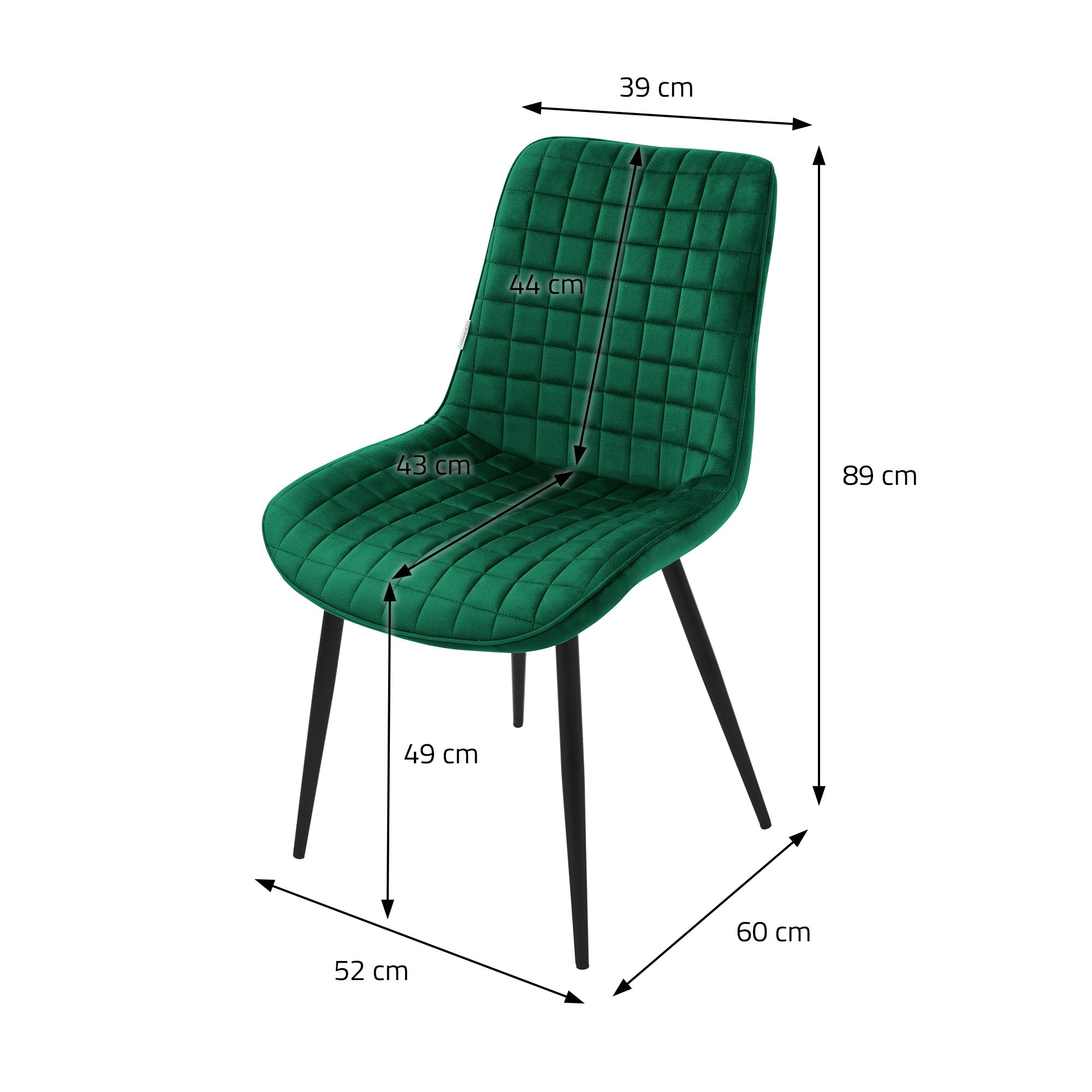 Green chair with measurements for height and width.