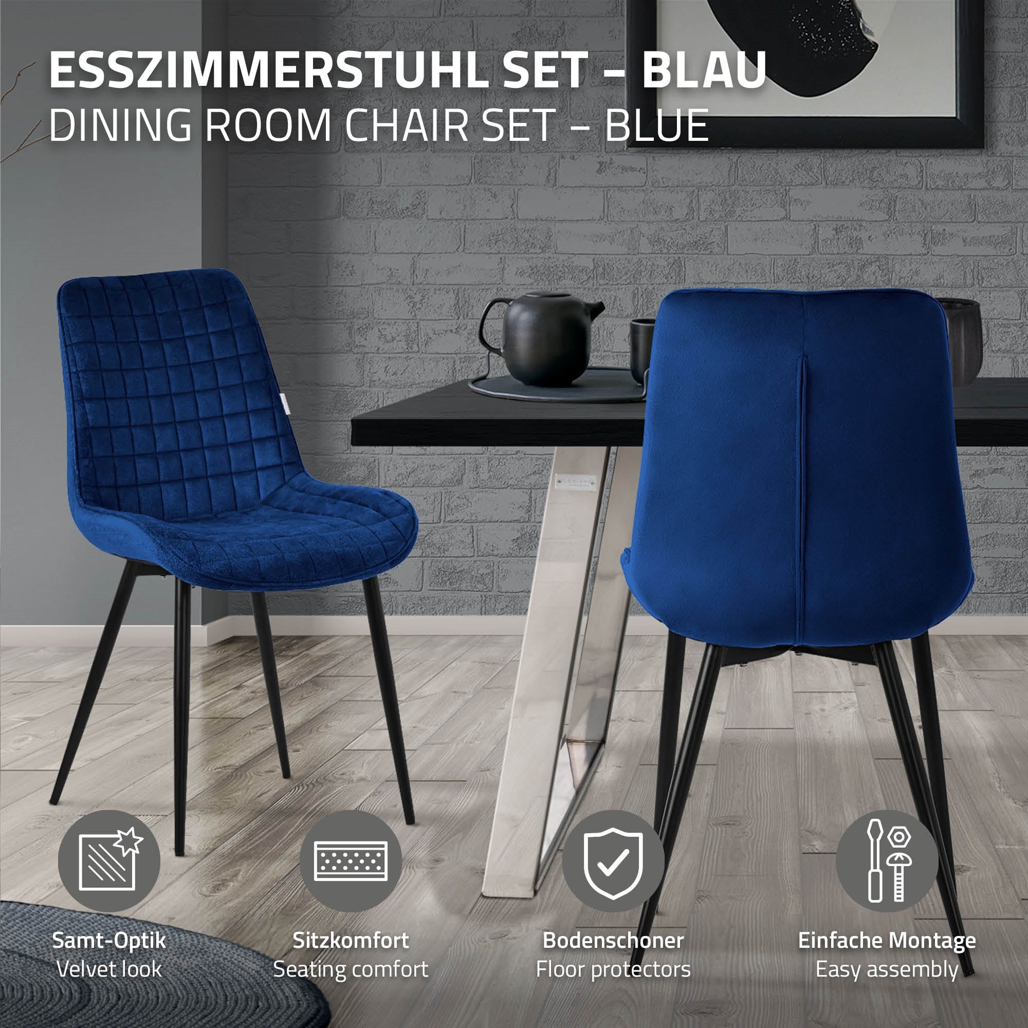 Chaise de salle à manger bleue, présentée dans un espace de repas moderne.