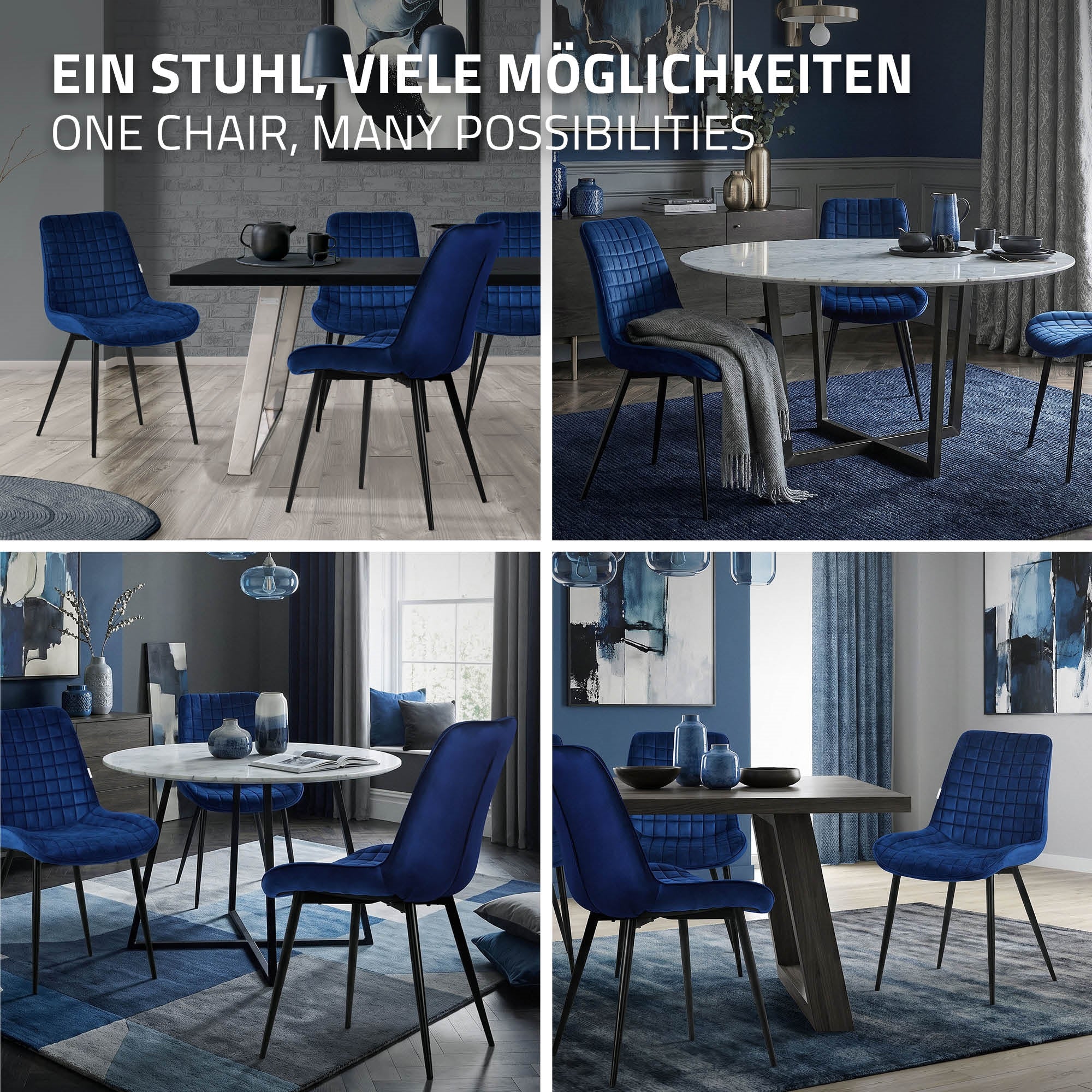 Quatre images d'une chaise bleue dans différentes configurations de salle à manger.