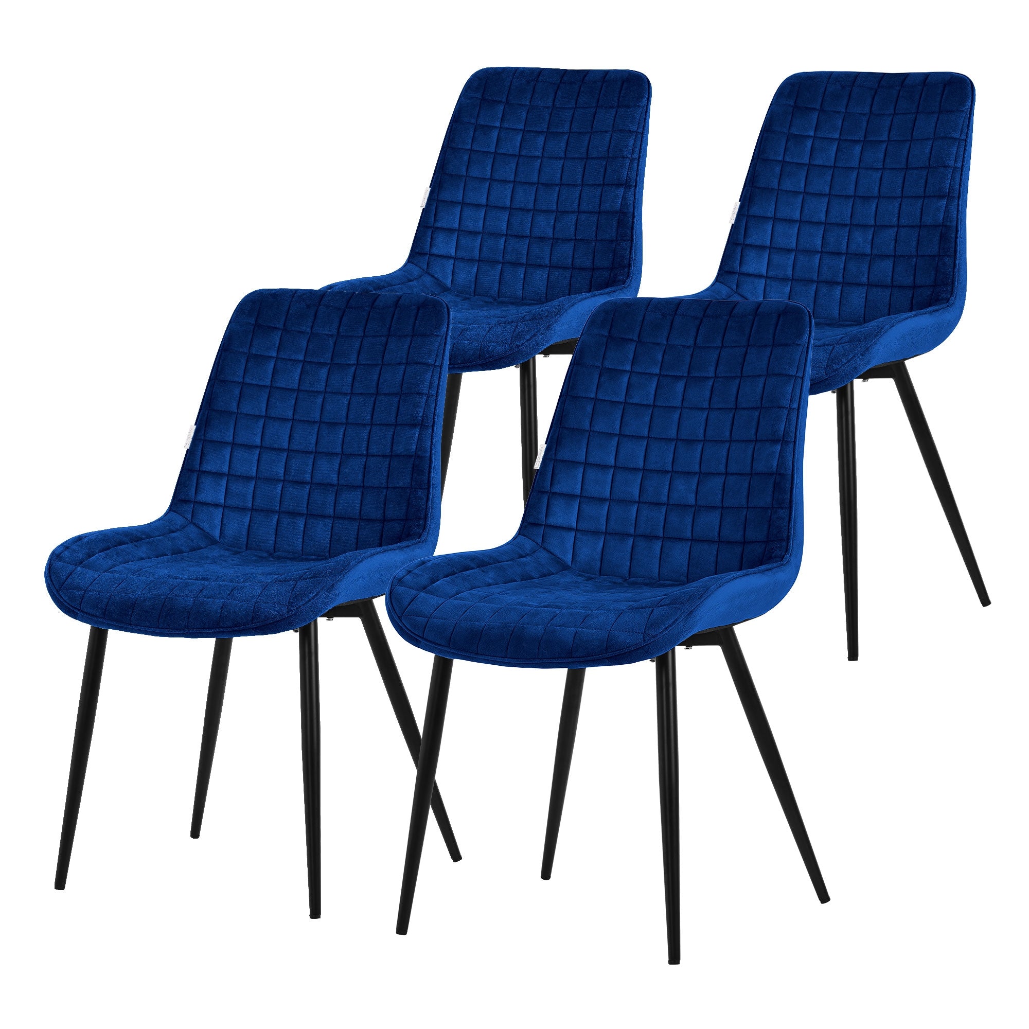Vier blaue Stühle mit gepolsterter Sitzfläche und schwarzen Beinen.