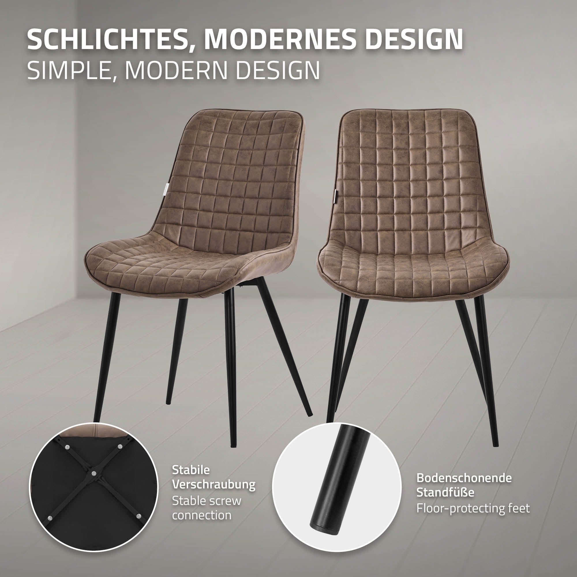 Due sedie moderne con design trapuntato e gambe nere.