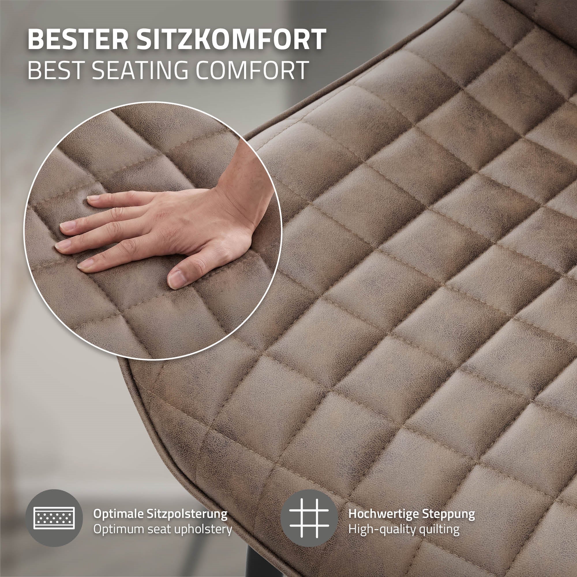 Nahaufnahme eines Stuhls mit hochwertiger Steppung und optimaler Sitzpolsterung.