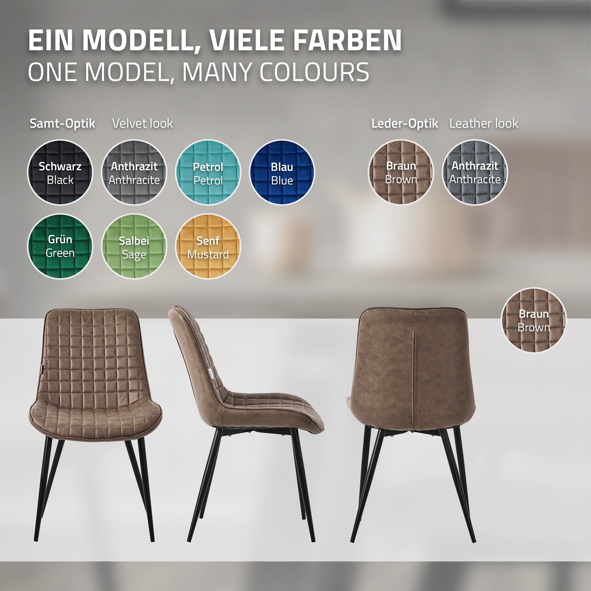Stuhlmodell in verschiedenen Farben und Materialien, darunter Samt und Leder.