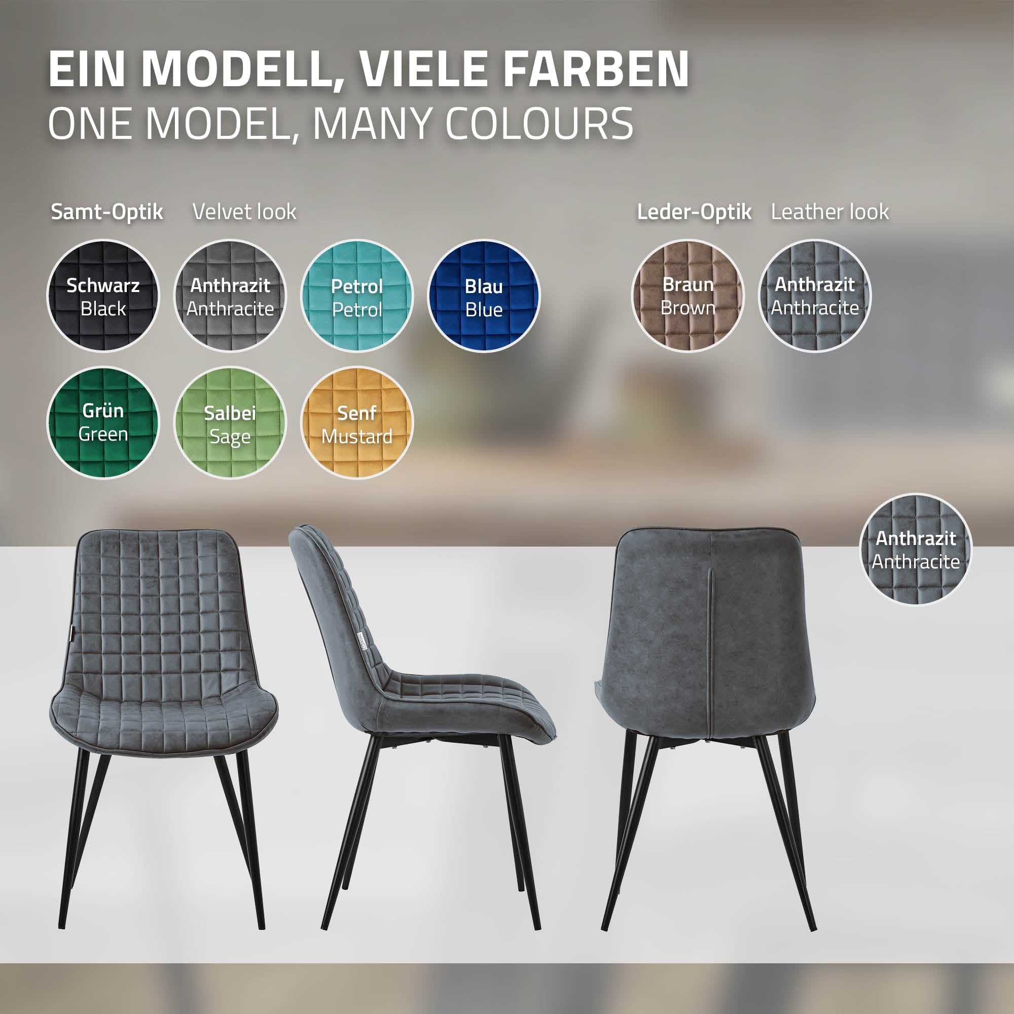 Model židle v různých barvách, s prošívaným designem.