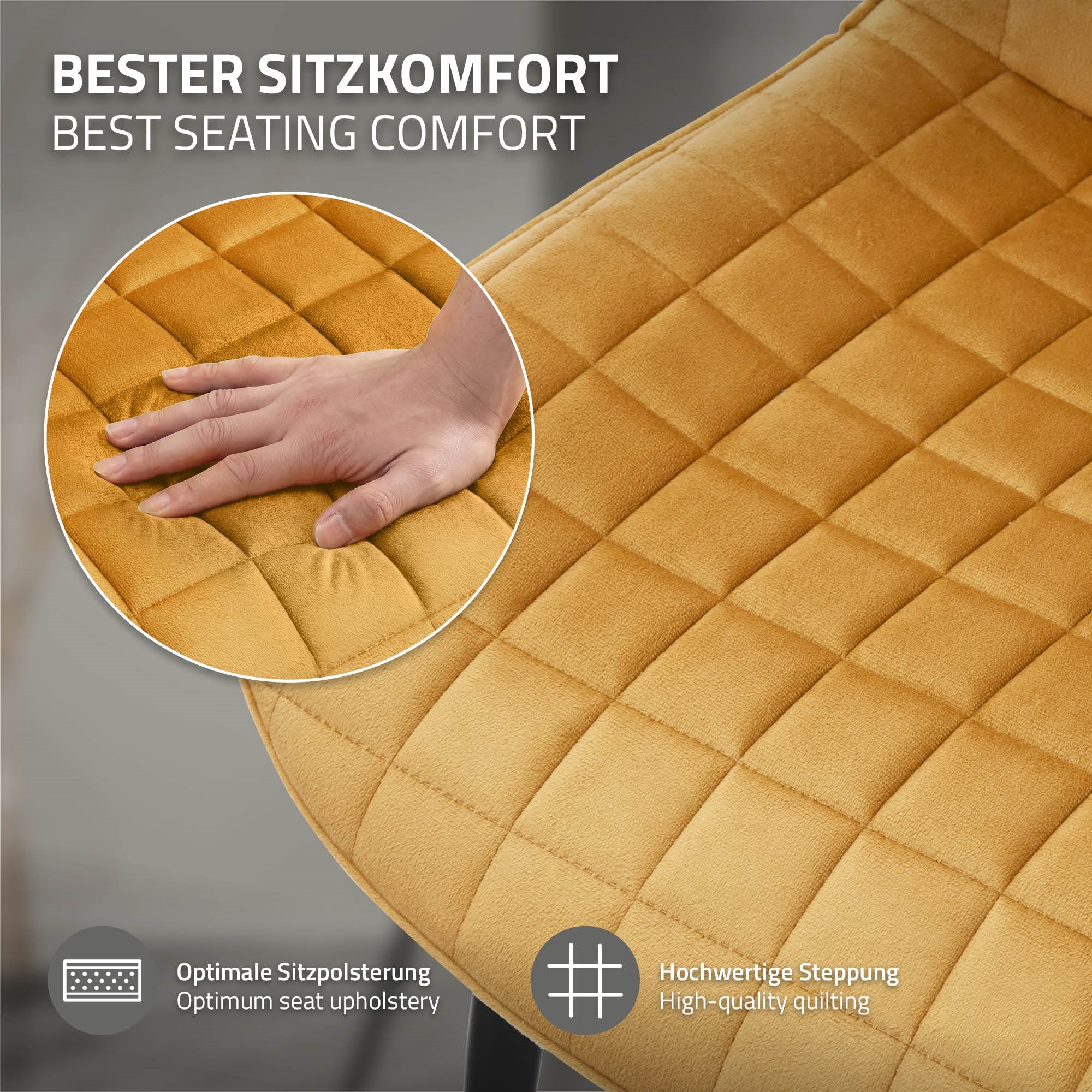 Nahaufnahme eines gelben Stuhls mit einer Hand, die die Polsterung berührt.